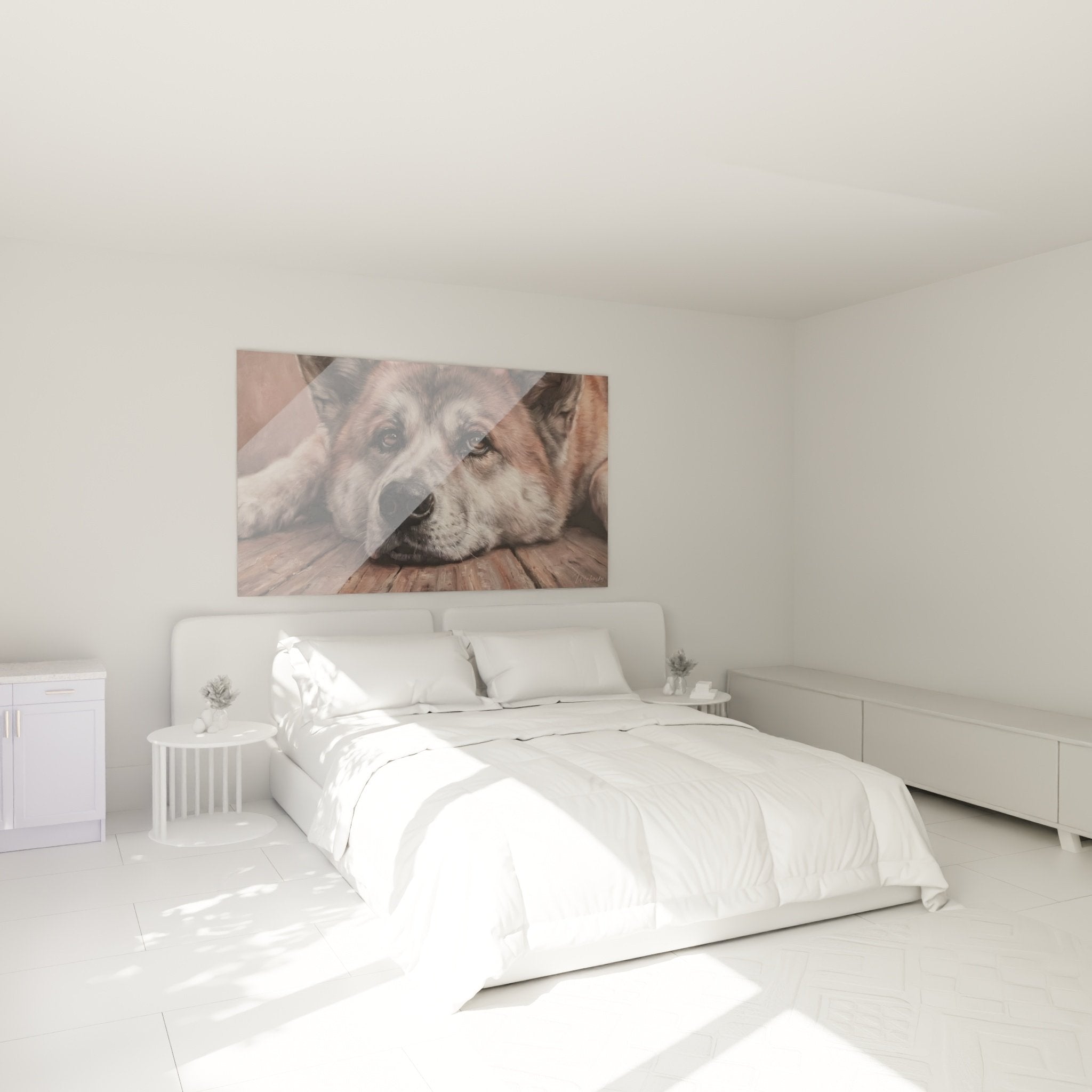 Tableau Akita Inu tons poudrés dans chambre decoration murale chaleureuse ambiance cocooning