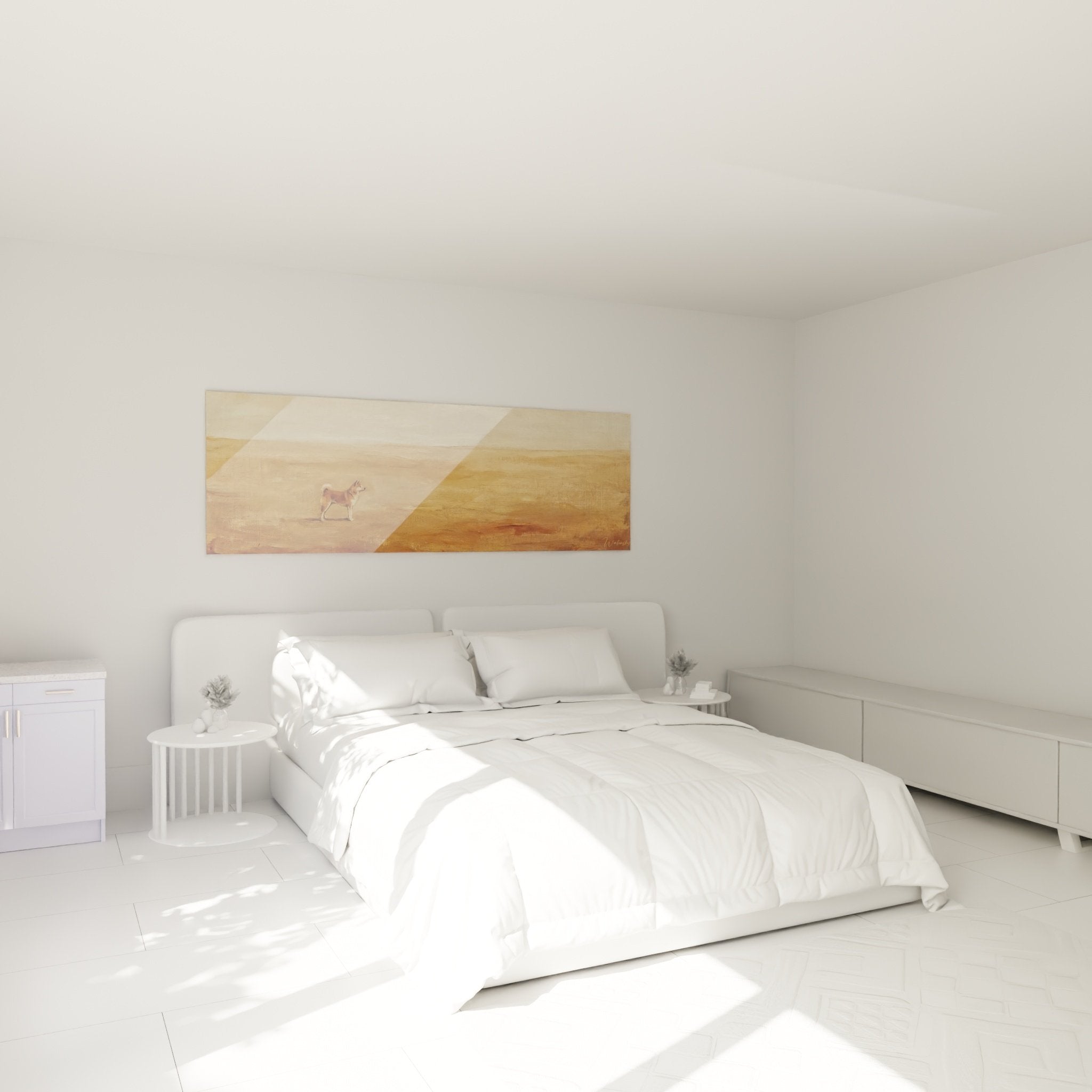 Tableau akita inu desert ocre expose au dessus lit chambre decoration murale zen tons chauds beiges