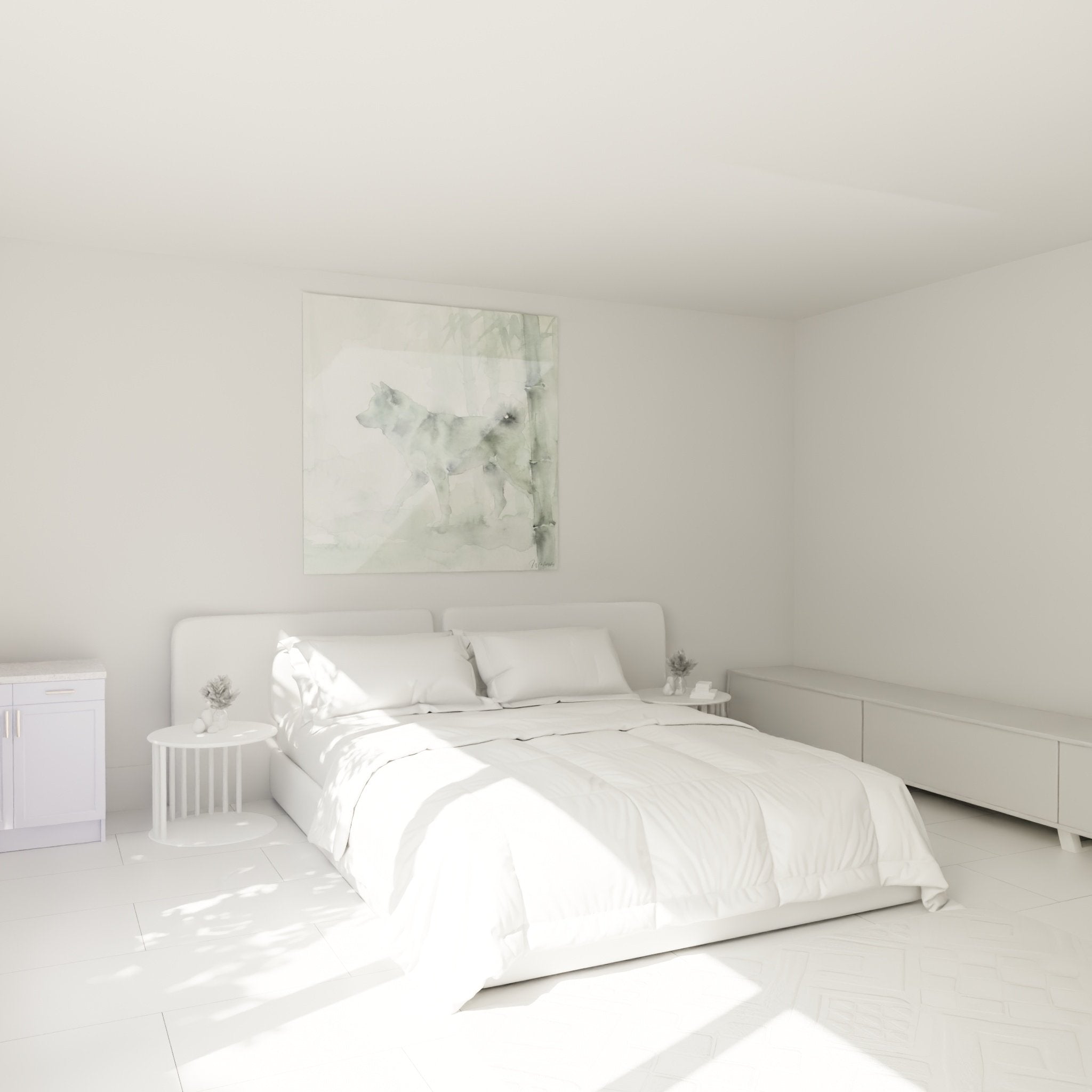 Tableau aquarelle Akita Inu vert sauge dans chambre zen decoration murale apaisante