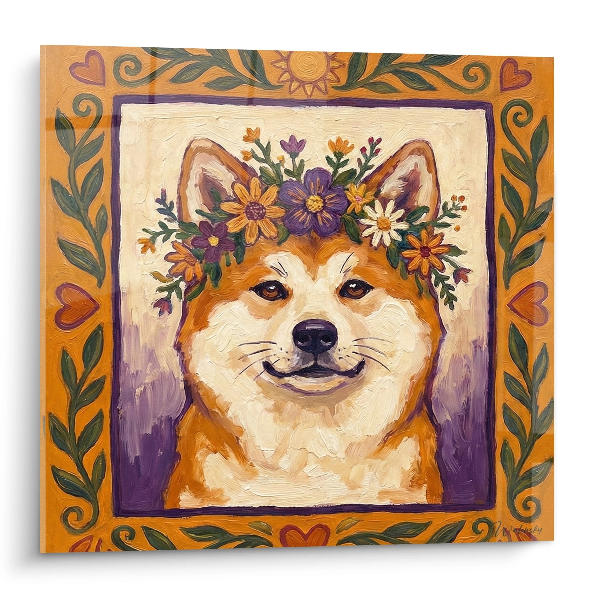 Portrait artistique Akita Inu couronne fleurs violettes oranges sur fond violet cadre decoratif orange motifs floraux