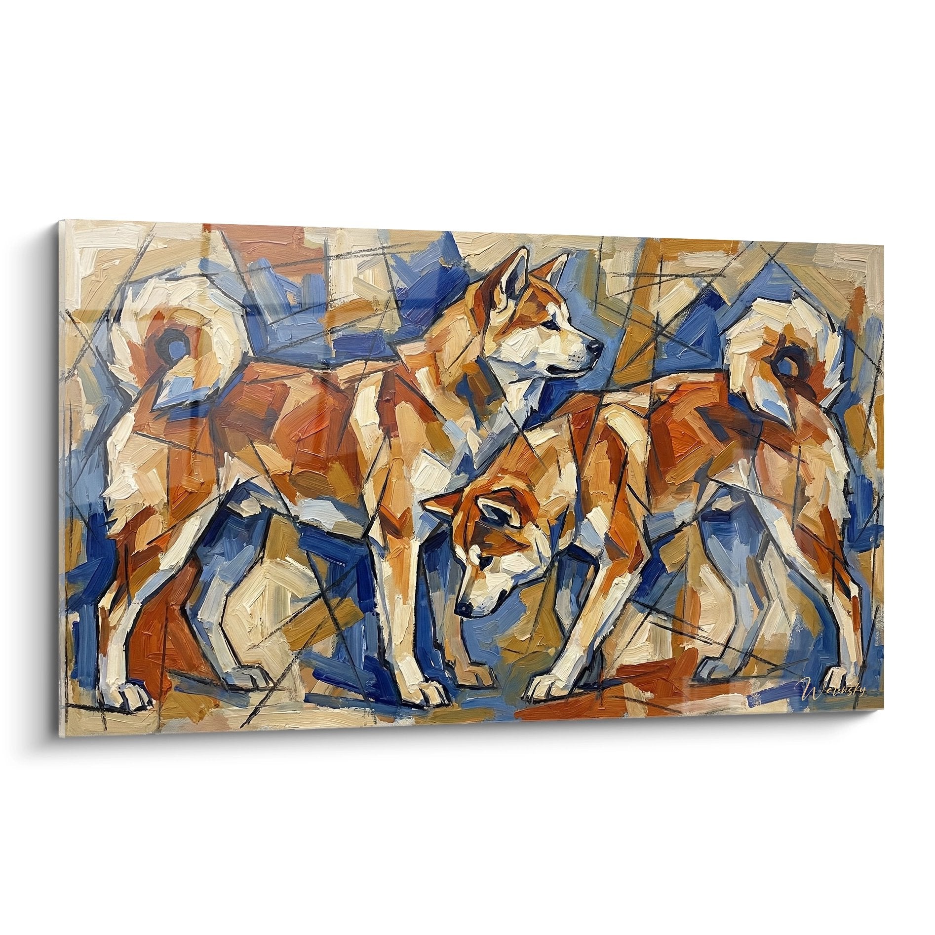 Tableau art moderne meute Akita Inu style géométrique bleu orange famille chiens japonais composition cubiste