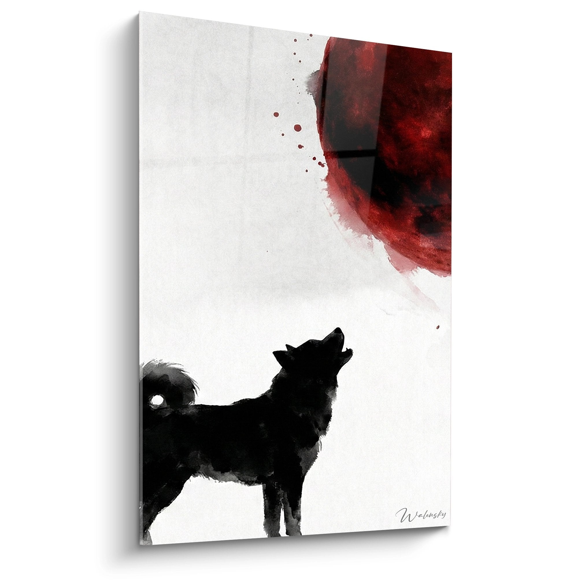 Black akita inu howling at red moon silhouette watercolor white background minimalist modern art