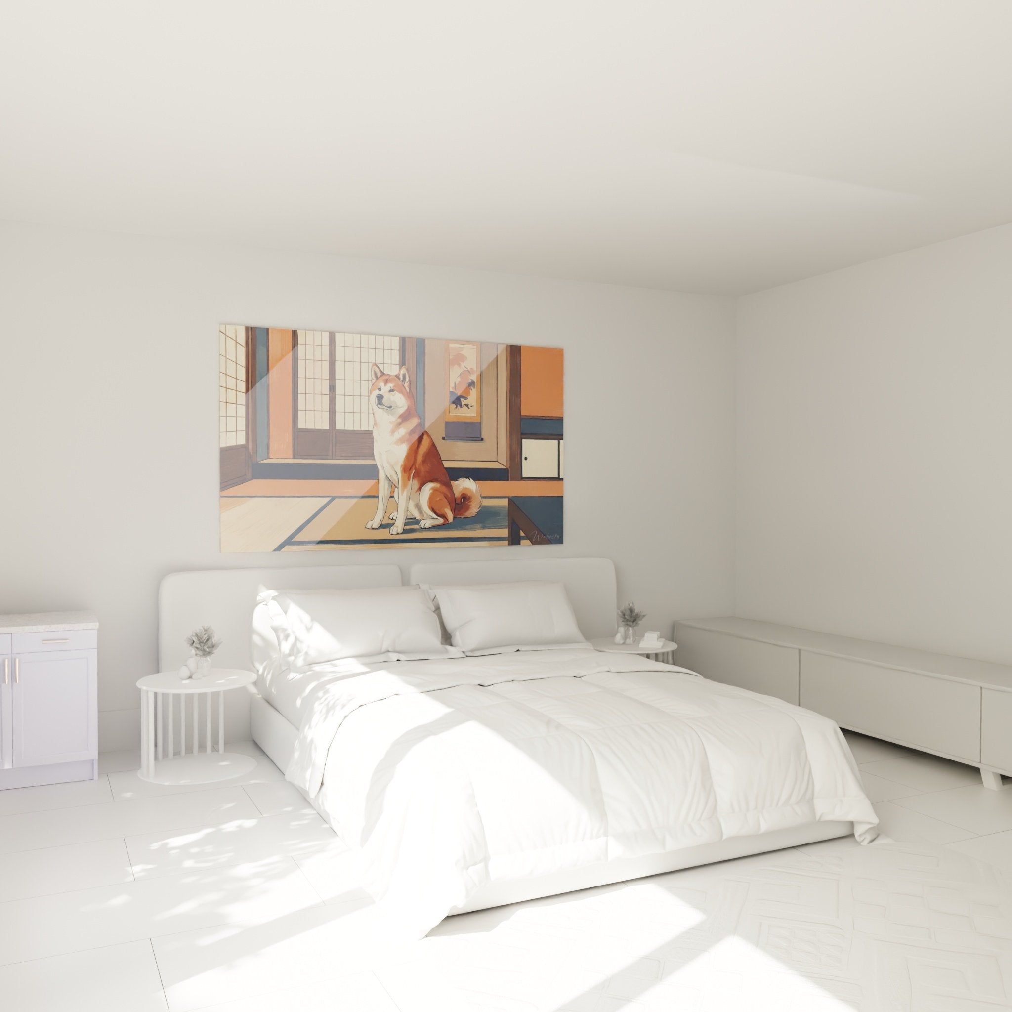 Akita Inu wall art in Japanese setting hung above modern bed in zen bedroom
