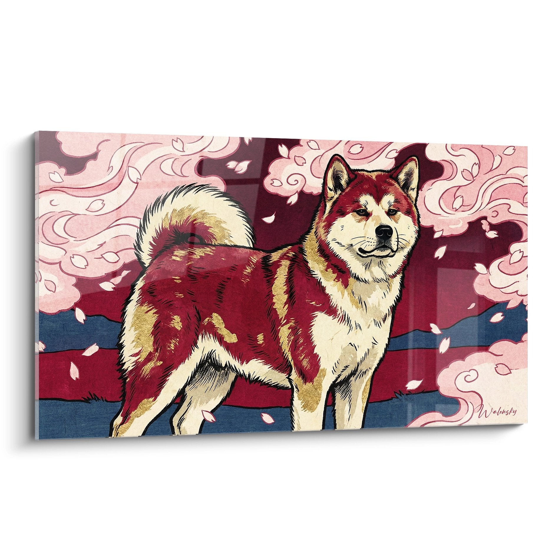 Red bordeaux akita inu painting cherry blossom petals pink flowers marsala background Japanese dog art noble