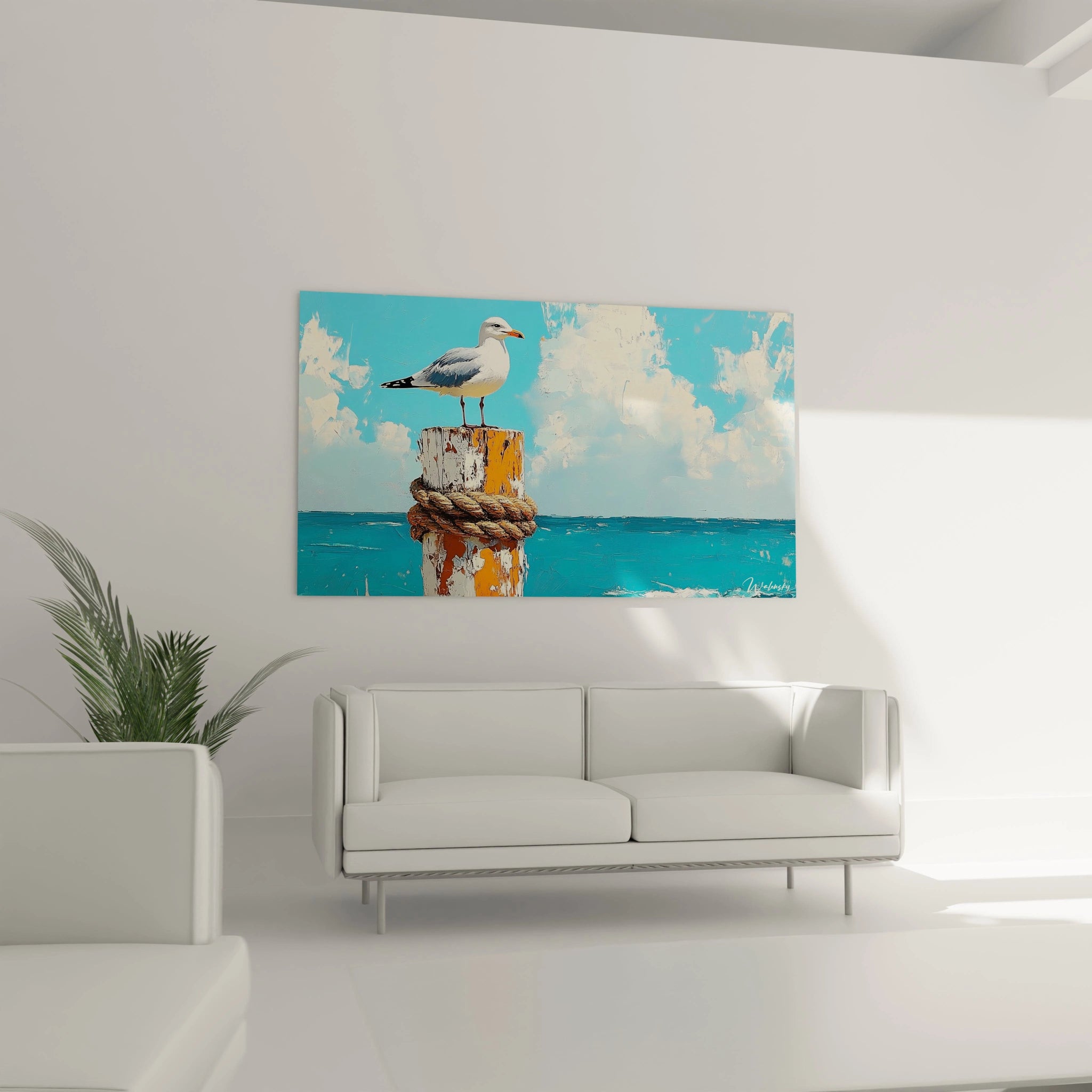 Un tableau artistique abstrait illustrant un oiseau marin au repos sur un pieu de bois peint en orange et blanc, entouré d'une corde nautique brune, avec l'horizon marin bleu intense sous un ciel clair texturé.