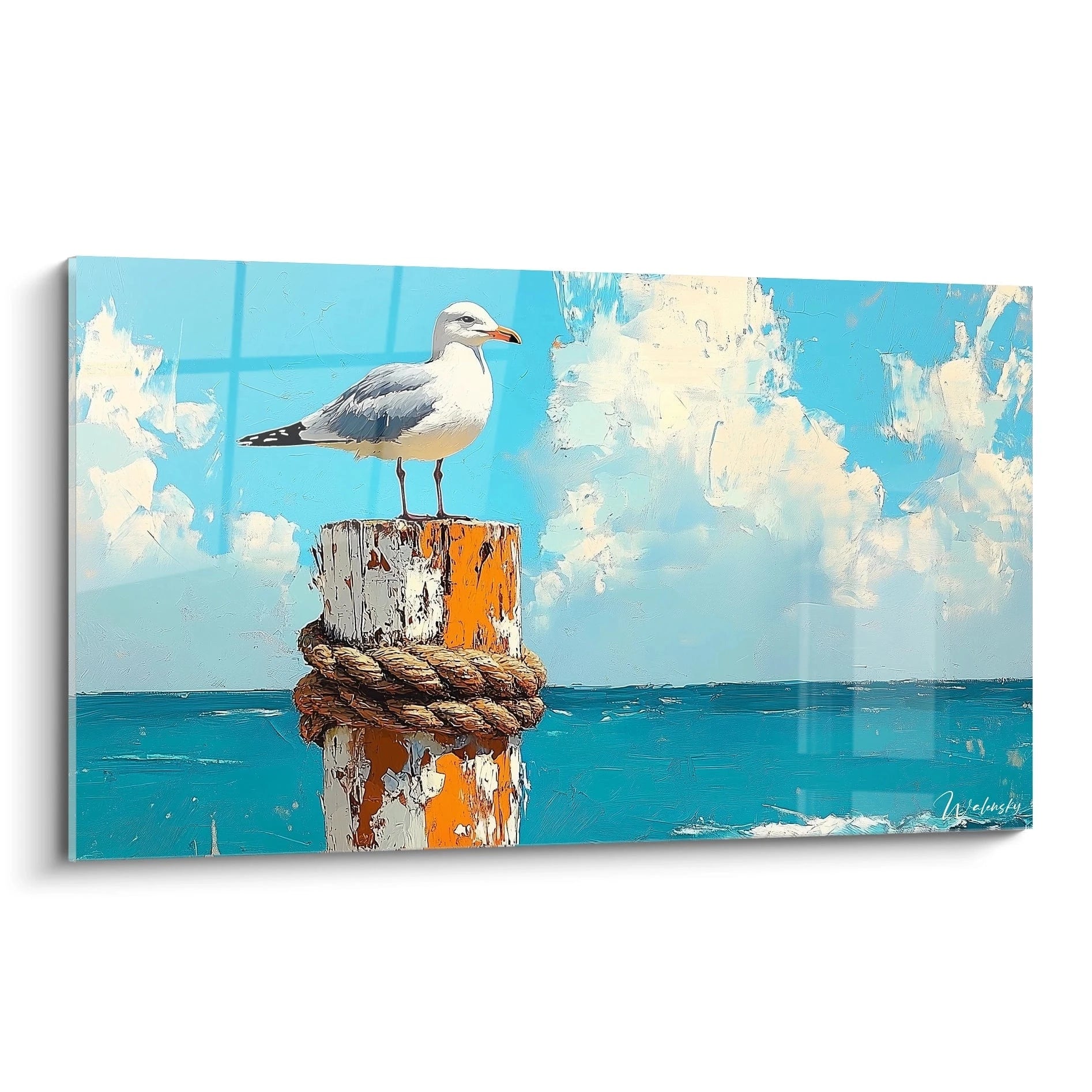 Un tableau artistique abstrait représentant un albatros blanc perché sur un poteau en bois usé entouré de corde, avec un arrière-plan d'océan bleu turquoise et un ciel lumineux parsemé de nuages blancs texturés.