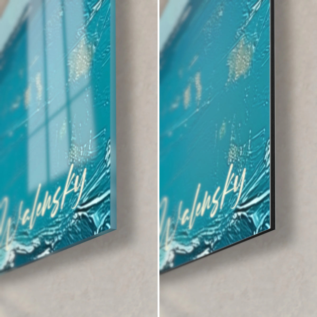 Πίνακας γλάρος πάνω σε πορτοκαλί και λευκό στύλο, κάτω δεξιά γωνία: γυαλιστερό γυαλί αριστερά, ματ Dibond δεξιά, πάχος 3 mm