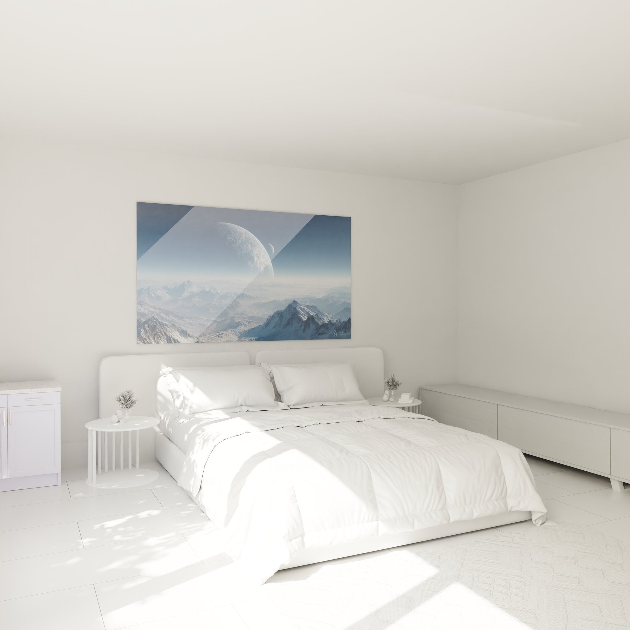 Ambiance chambre avec tableau planète alien aux tons bleus, créant une atmosphère cosmique apaisante