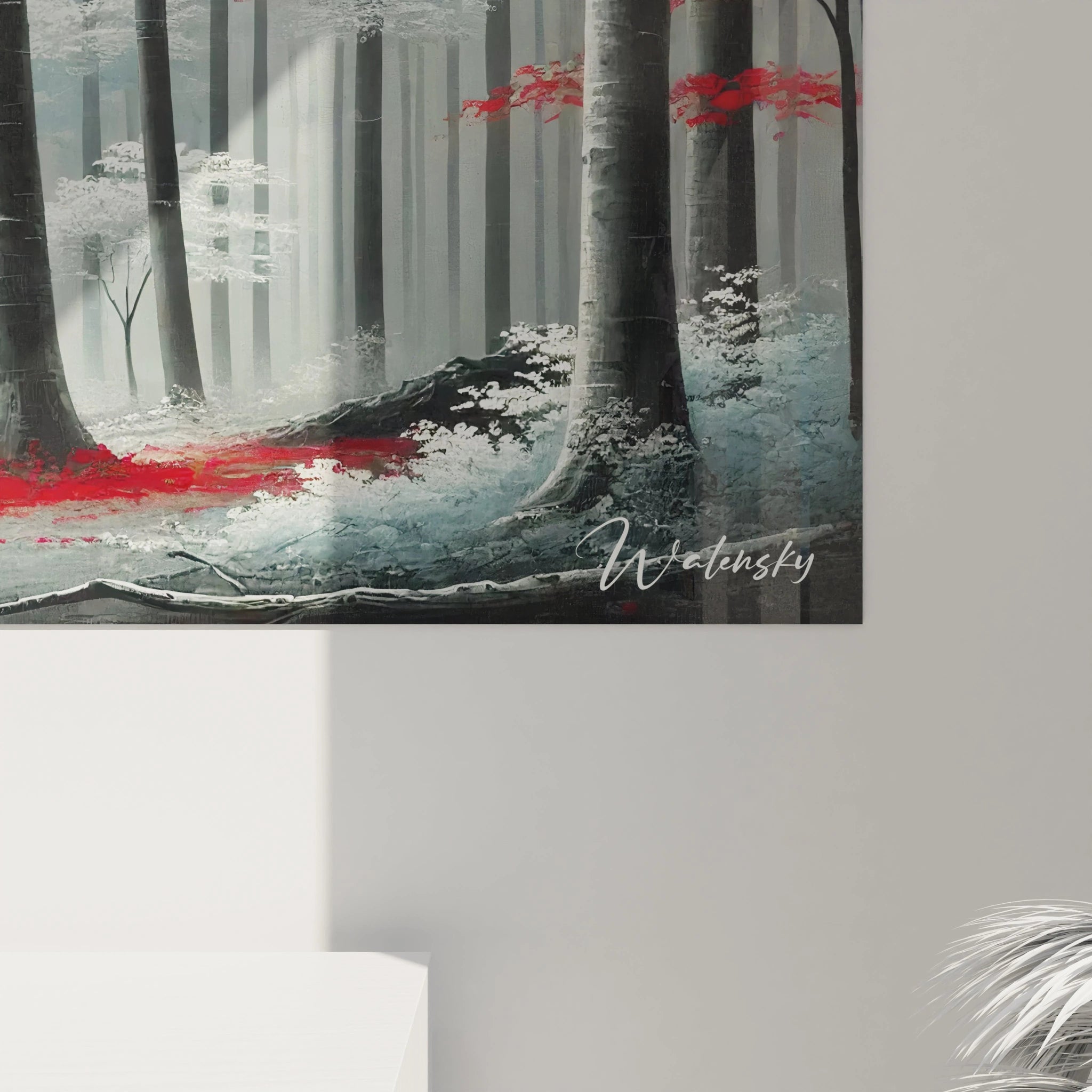 Vue de pres du Tableau Foret Avec des feuilles rouge vif et des troncs gris ce tableau offre un contraste visuel saisissant evoquant calme et mystere Une invitation a l'evasion