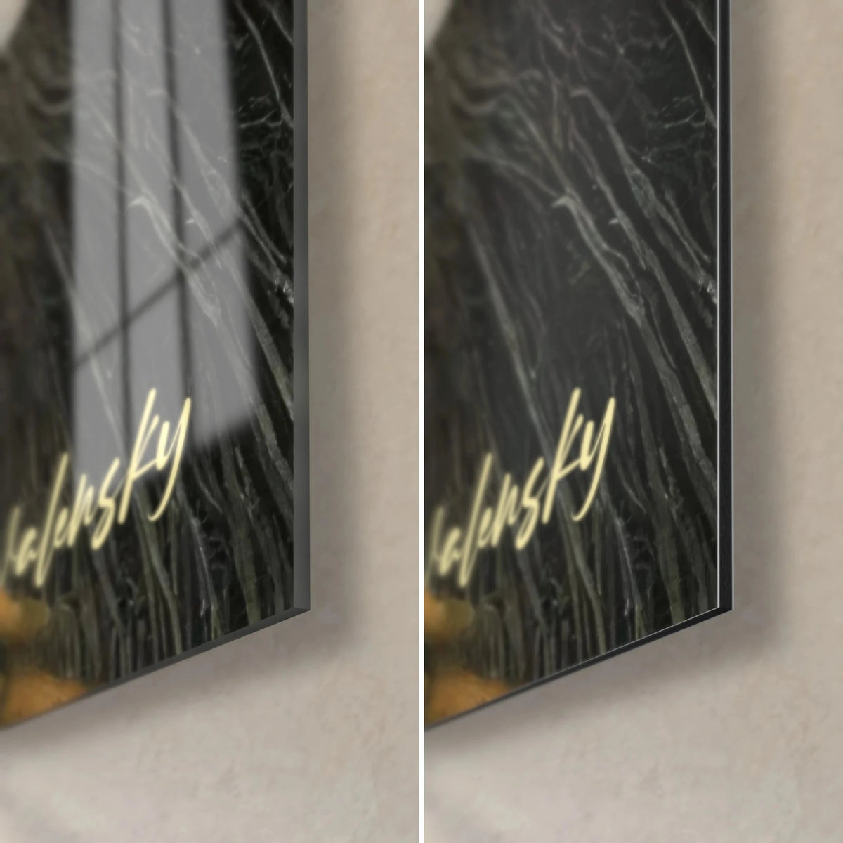Tableau allée de bambous en brume lumineuse, coin bas droit : verre brillant à reflets, Dibond mat noir, tranche de 3 mm