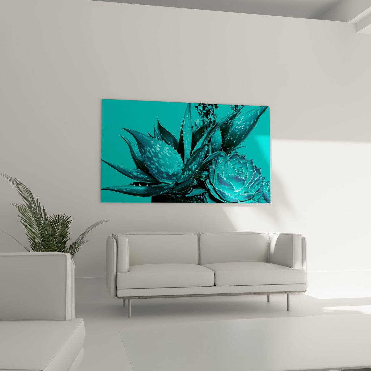 Feuilles épineuses d'aloe vera turquoise et anthracite disposées au-dessus d'un canapé dans un salon lumineux.