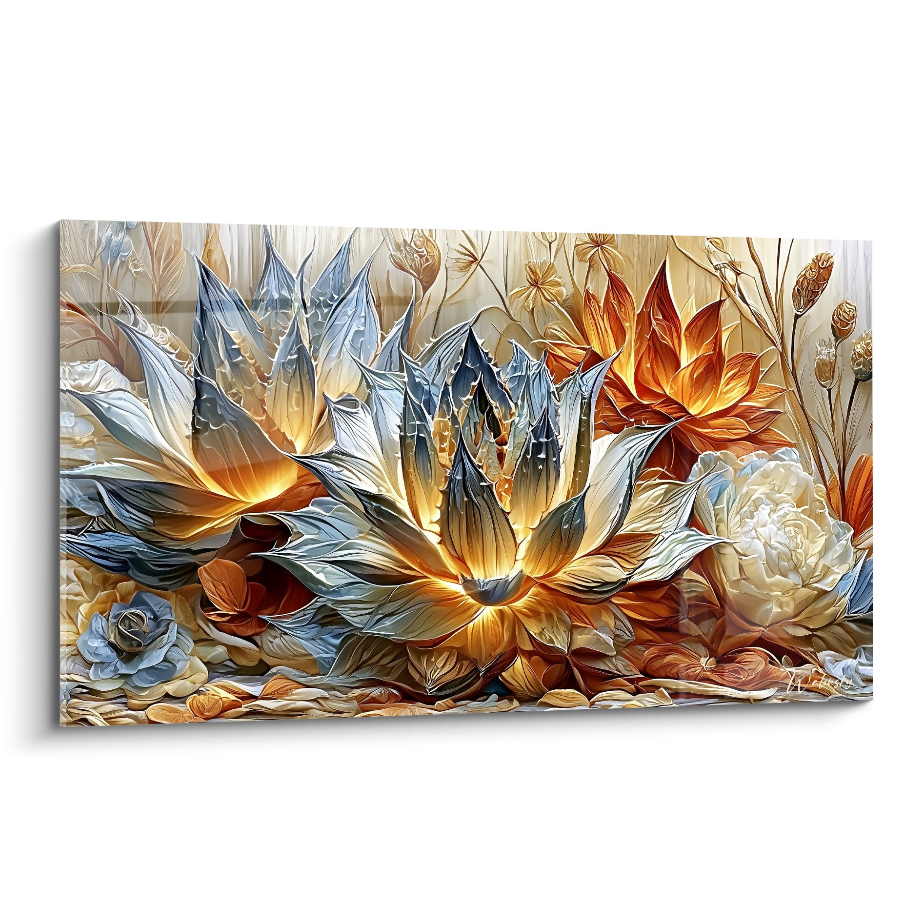 Rosette d'aloe vera bleu argenté et orangé doré, feuilles épaisses éclairées de l'intérieur.