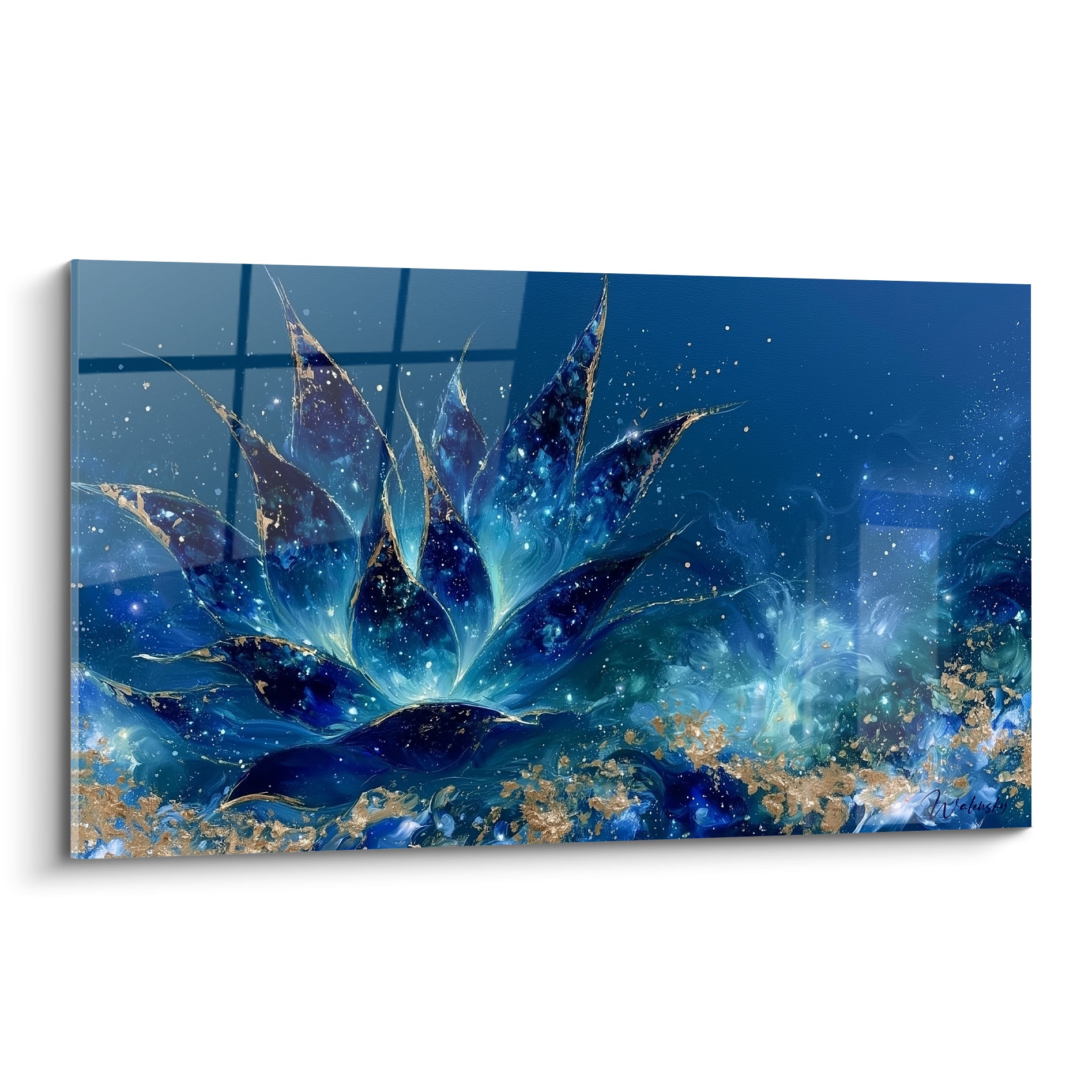 Aloe vera bleu marine et doré évoquant une galaxie, feuilles scintillantes sur fond nocturne étoilé