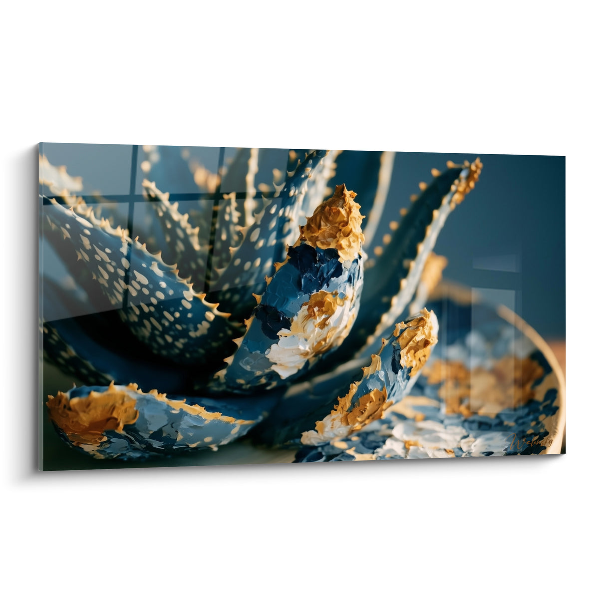 Aloe vera en gros plan, feuilles bleu marine et pointes dorées à texture épaisse peinte au couteau