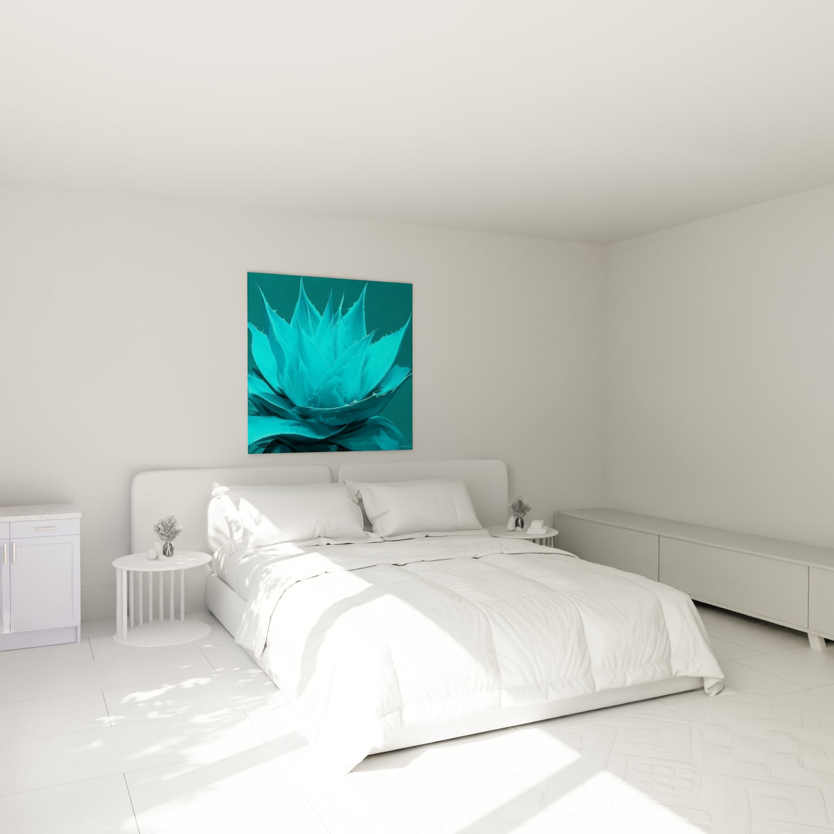 Rosette d'aloe vera bleu pastel et turquoise accrochée au-dessus d'un lit dans une chambre claire