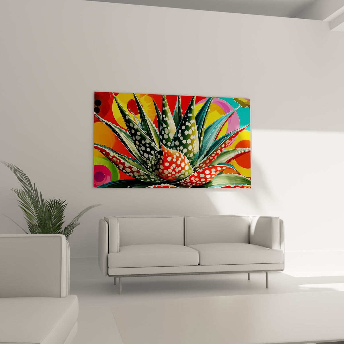 Plante Aloe vera aux teintes orangées et vertes au-dessus d'un canapé dans un salon lumineux