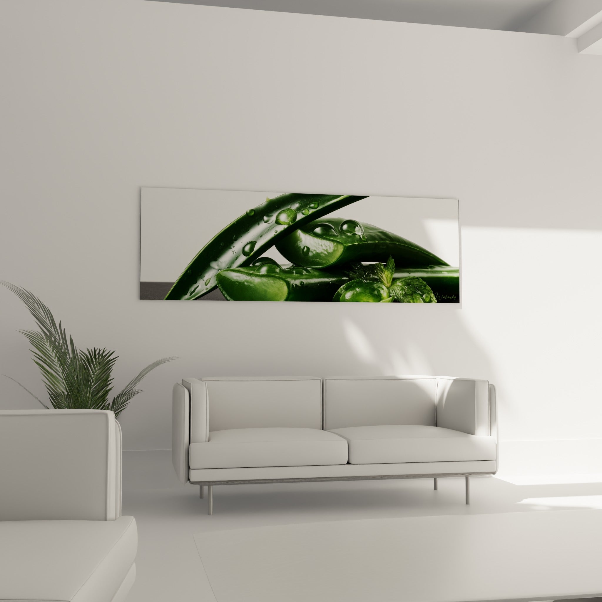 Aloe vera charnu et humide, tons vert foncé et argenté, au-dessus d'un canapé dans un salon lumineux