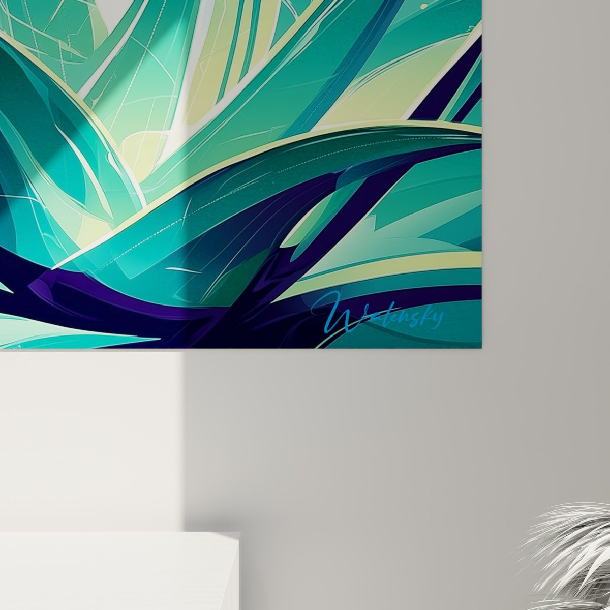Détail des feuilles d'aloès où le turquoise et le violet se fondent avec des reflets lumineux précis