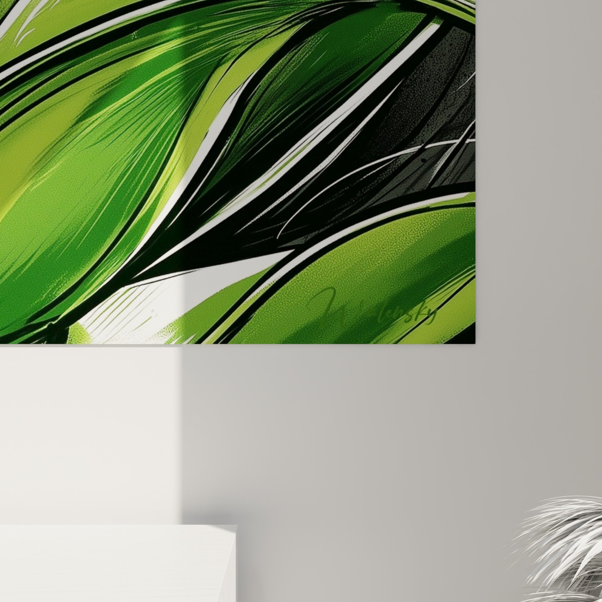 Détail des traits blancs et verts sur les feuilles d'Aloe vera, matière peinte et grain texturé visibles