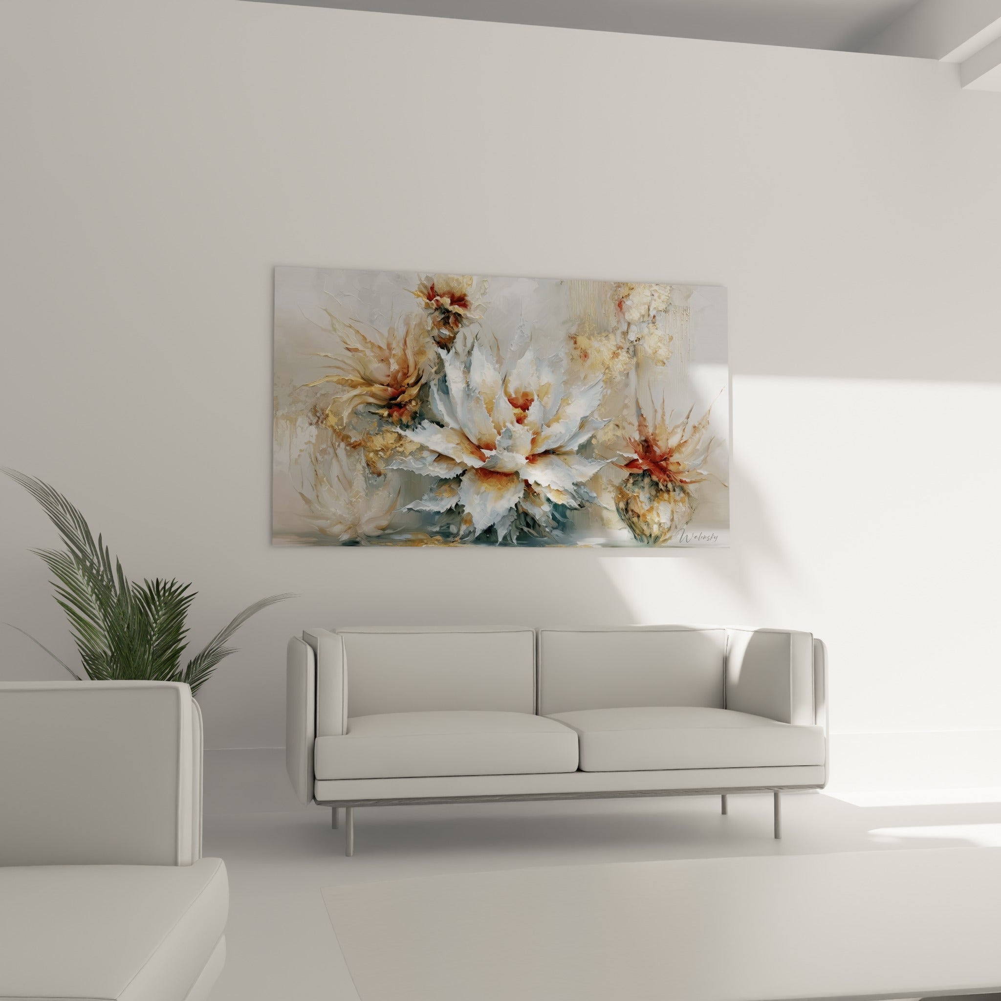 Rosette végétale dorée et blanche aux textures relevées, au-dessus d'un canapé dans un salon lumineux