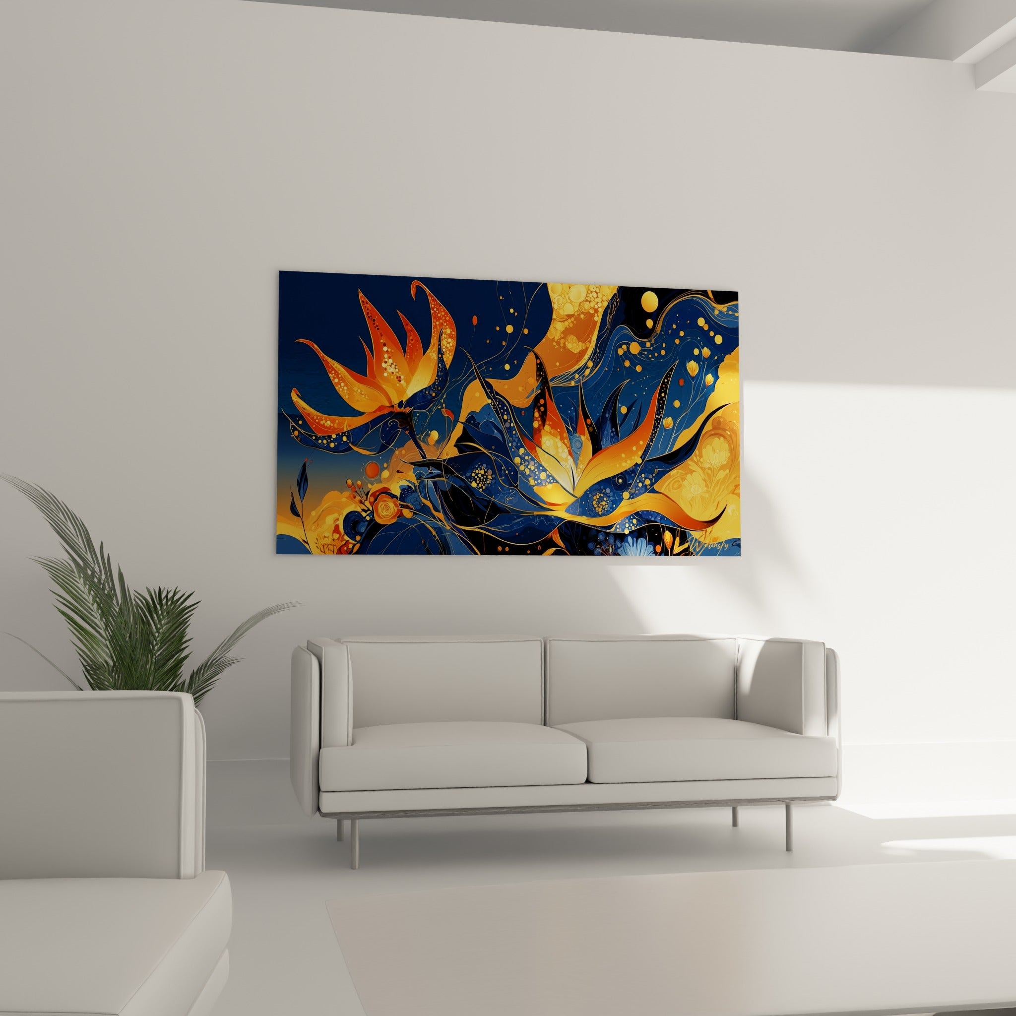 Plante d'aloe vera illuminée d'orange et de bleu marine au-dessus d'un canapé dans un salon lumineux.