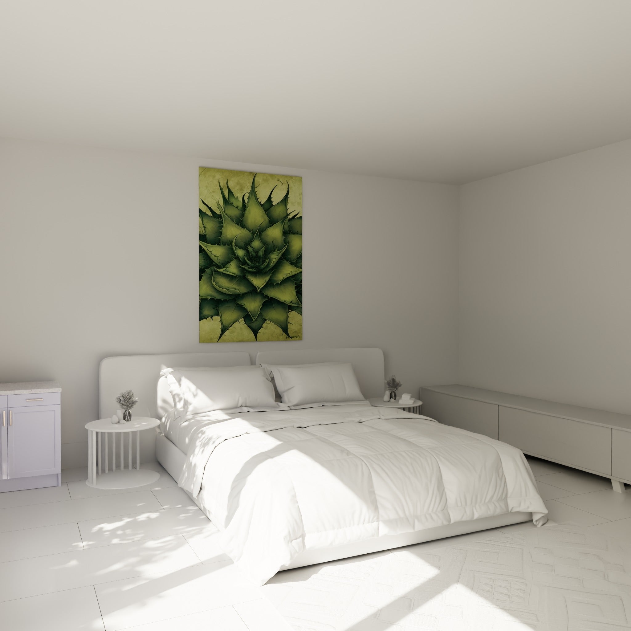 Aloe vera kaki en rosette végétale accrochée au-dessus d'un lit dans une chambre claire