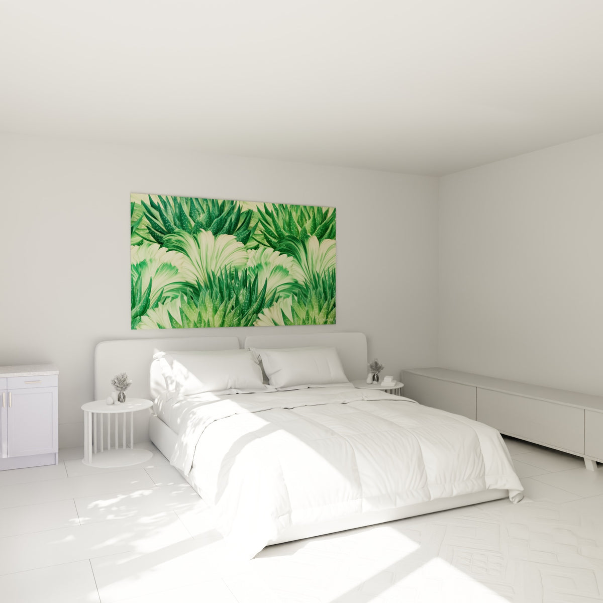 Aloe vera vert sauge et crème déployé au-dessus d'un lit dans une chambre claire et paisible