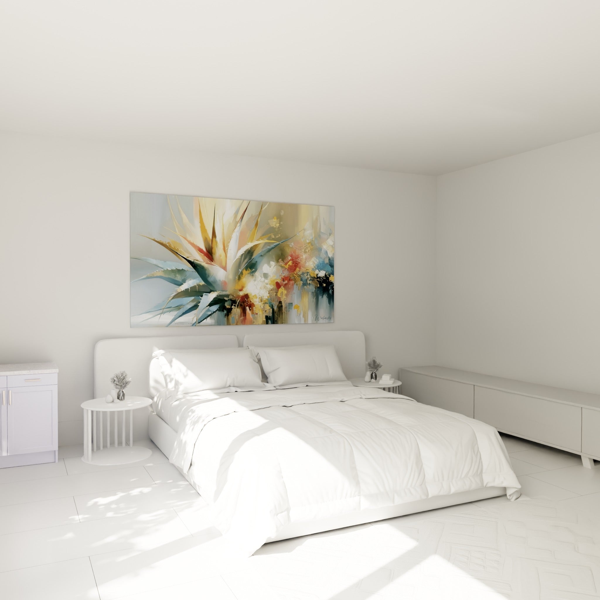 Plante d'aloe vera dorée et terracotta peinte avec relief, accrochée au-dessus d'un lit dans une chambre claire