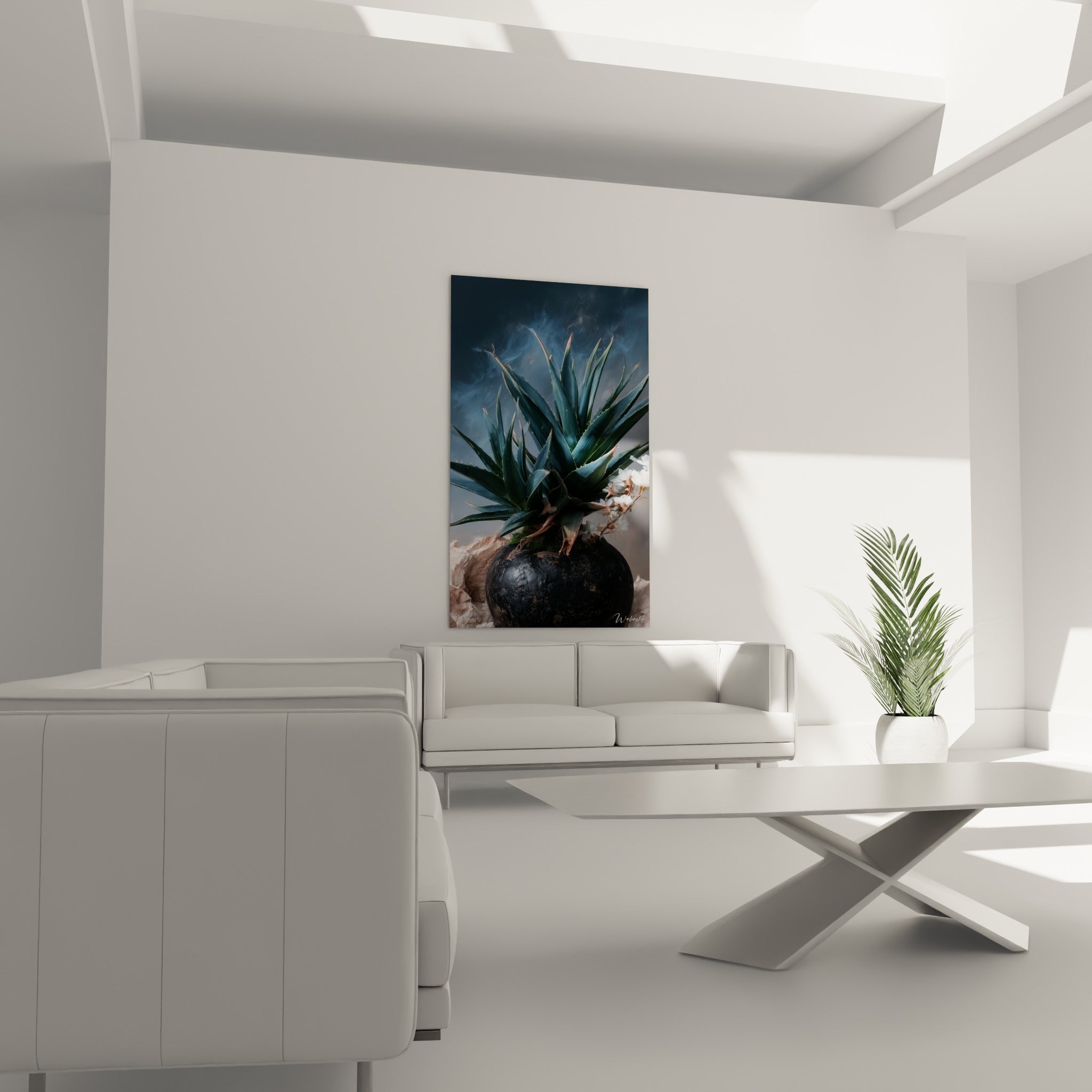 Feuilles vertes d'aloe vera et fleurs blanches délicates au-dessus d'un canapé dans un salon lumineux