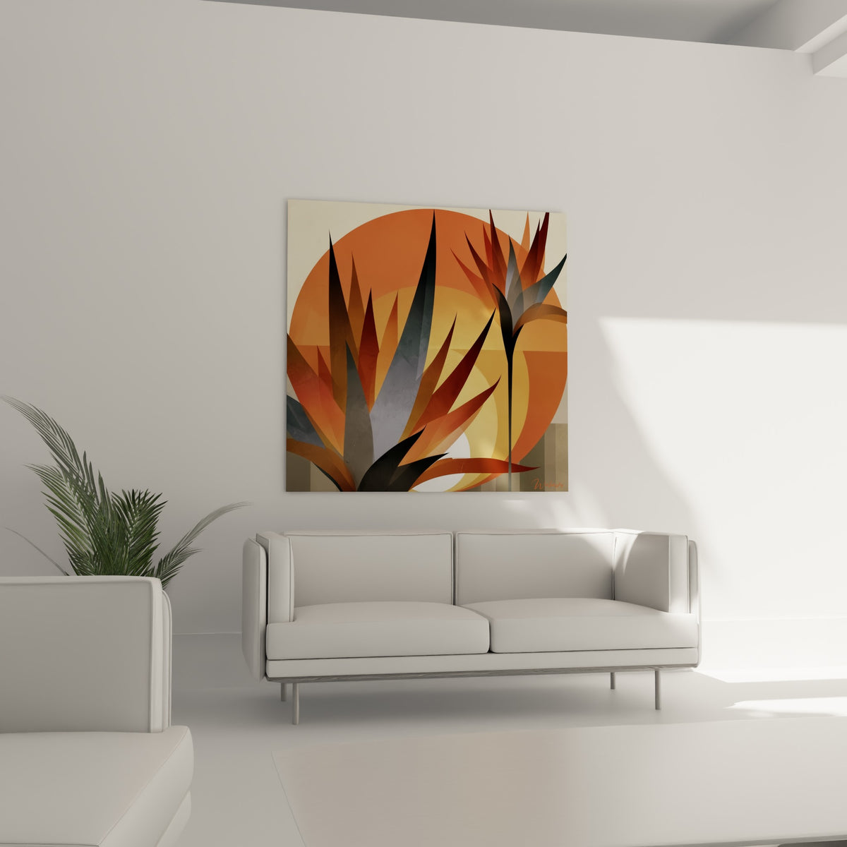 Plante grasse stylisée aux tons ocre et bleu ardoise au-dessus d'un canapé dans un salon lumineux