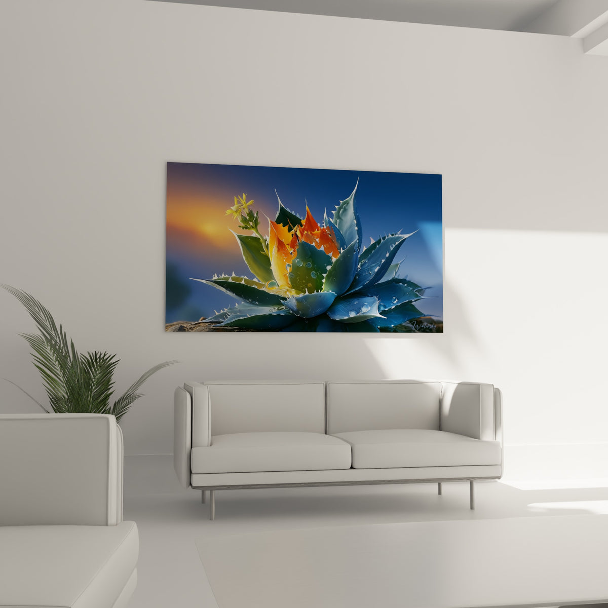 Rosette d'aloe vera bleutée et orangée baignée de lumière dorée, au-dessus d'un canapé dans un salon lumineux