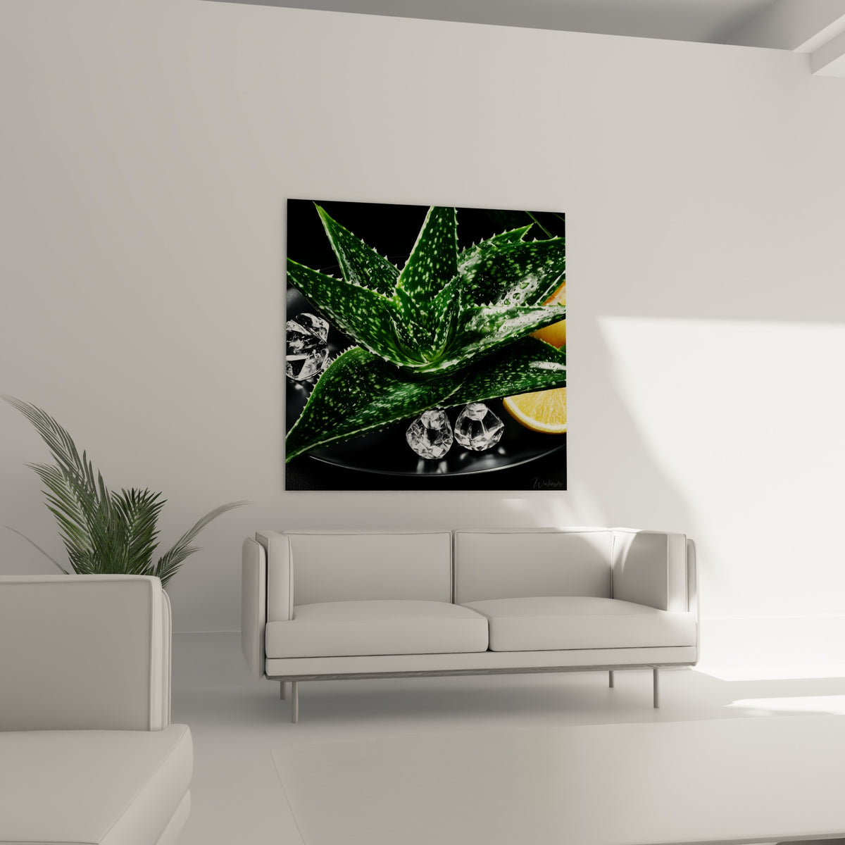 Composition d'aloe vera vert et jaune citron placée au-dessus d'un canapé dans un salon lumineux