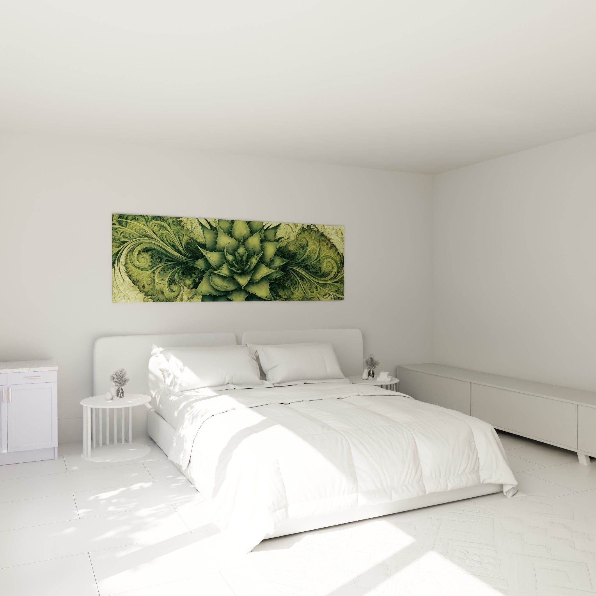 Rosette d'aloe vera vert kaki et olive au-dessus d'un lit dans une chambre claire