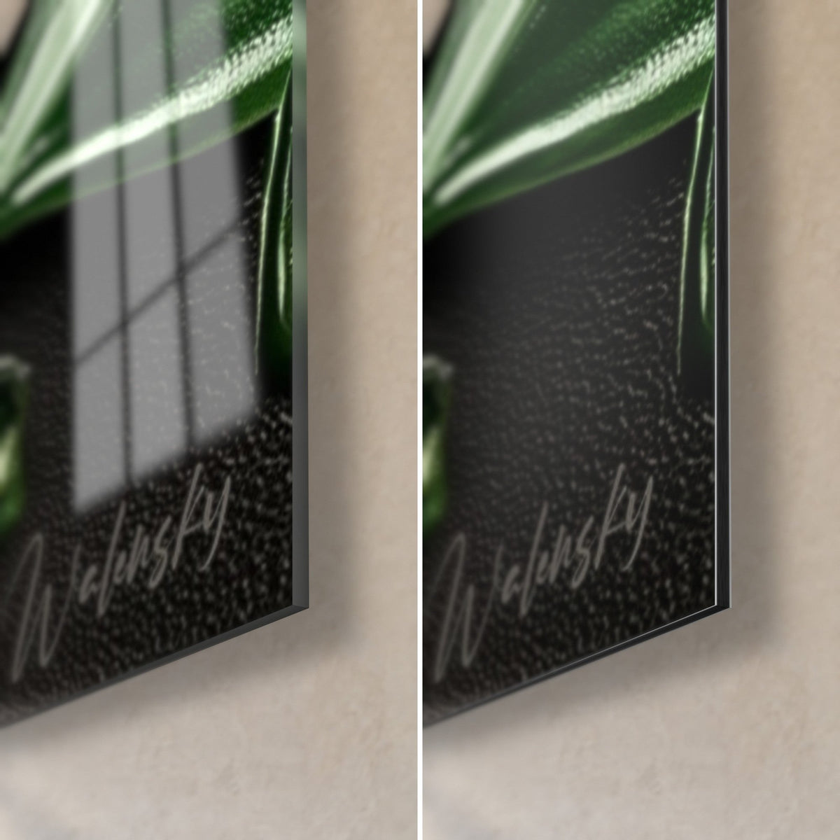 Wall art emerald and black succulent, close-up droplet, bottom right corner: glossy glass on the left, matte Dibond on the right