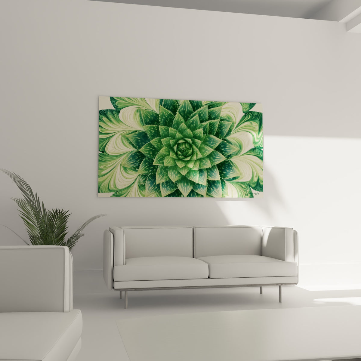 Motif d'aloe vera vert et ivoire tourbillonnant au-dessus d'un canapé dans un salon lumineux