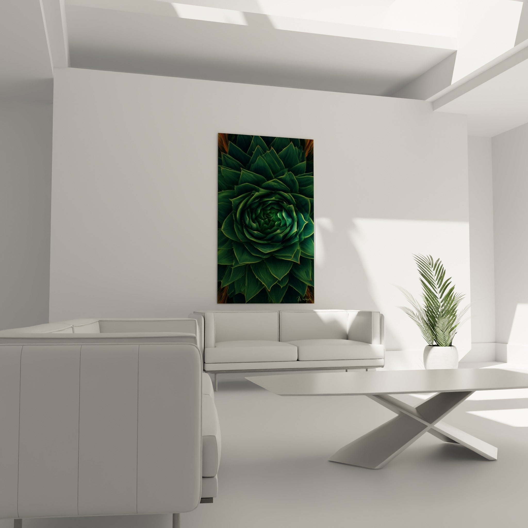 Motif végétal en spirale vert émeraude et cuivré, disposé au-dessus d'un canapé dans un salon lumineux.