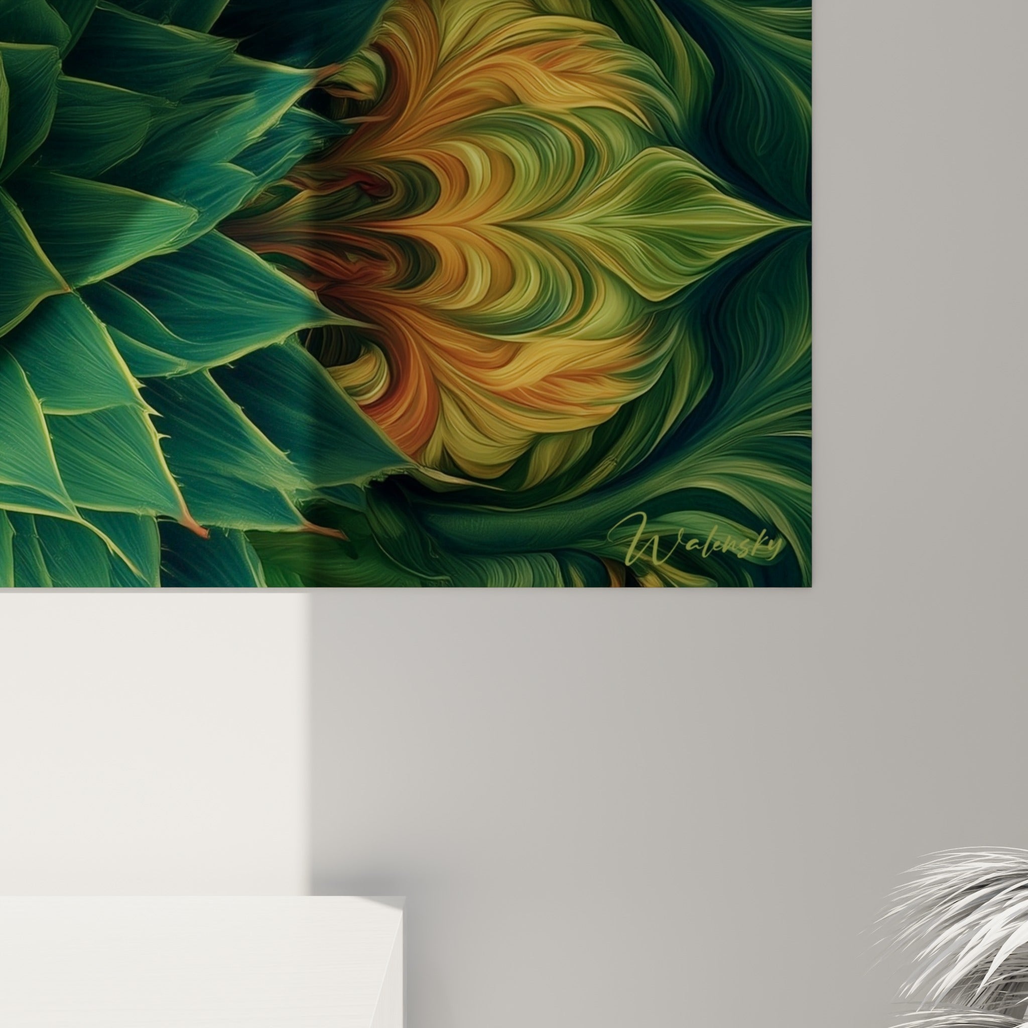 Détail des nervures vertes et des reflets ambrés de l'aloe vera, grain de l'impression visible en gros plan.