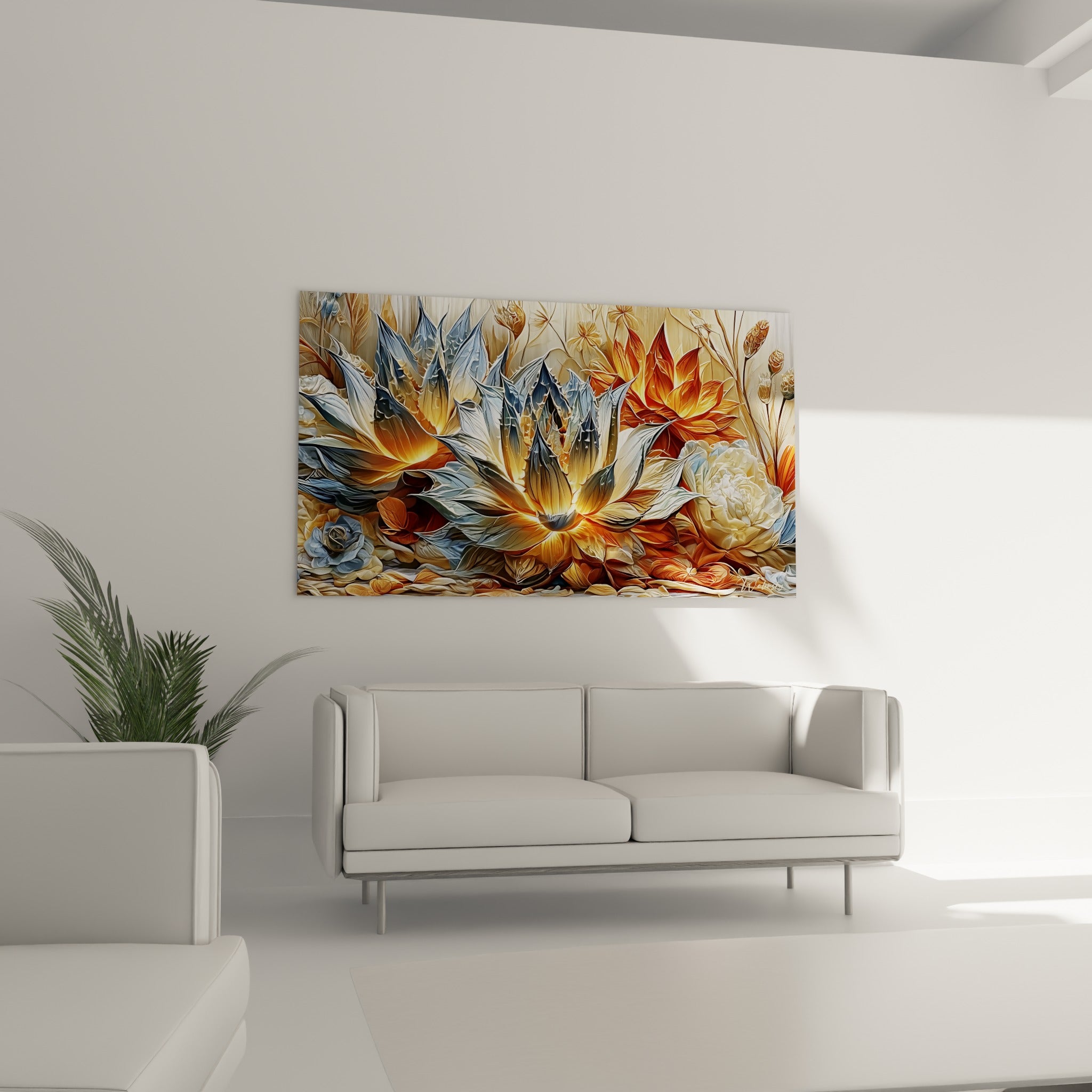 Fleur d'aloe vera dorée et argentée, disposée au-dessus d'un canapé dans un salon lumineux.