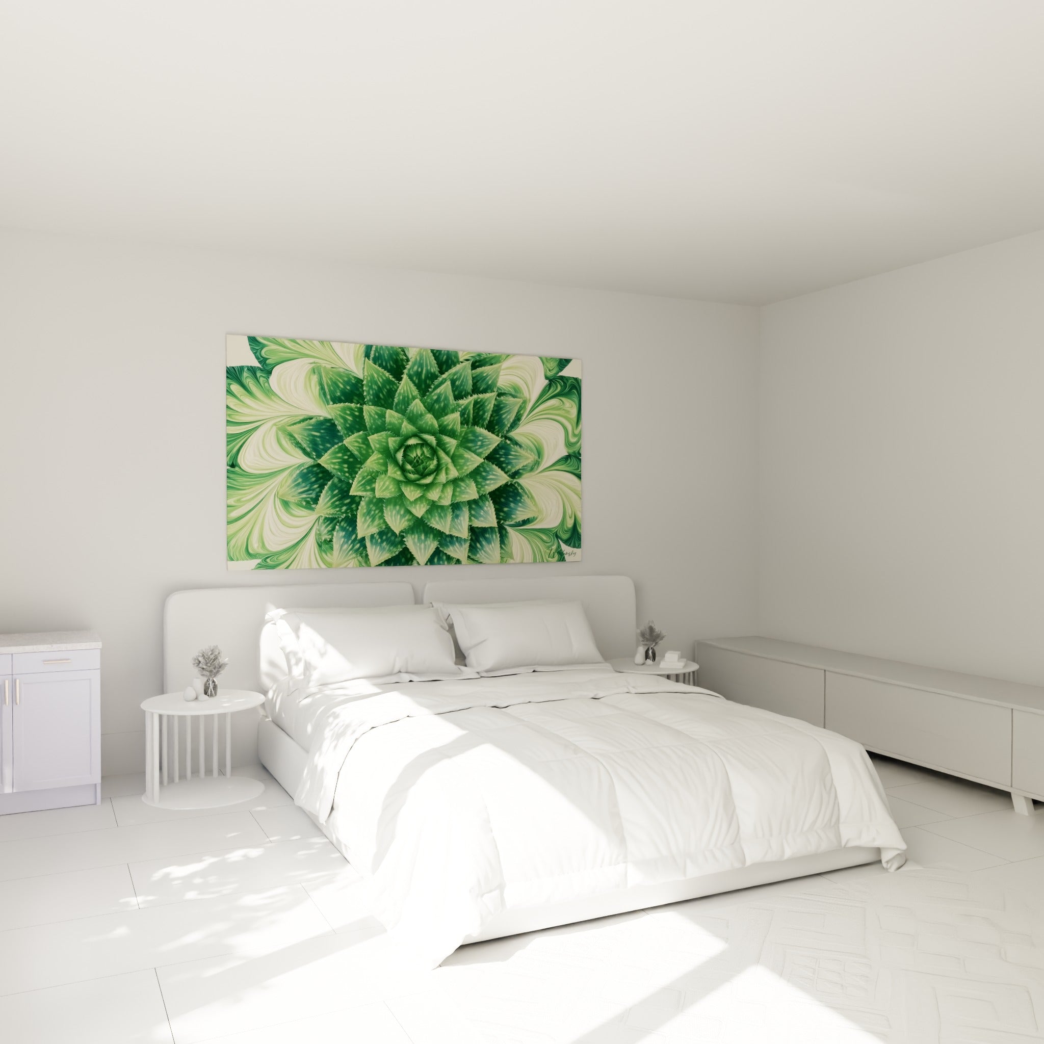 Spirale d'aloe vera vert émeraude et crème au-dessus d'un lit dans une chambre claire