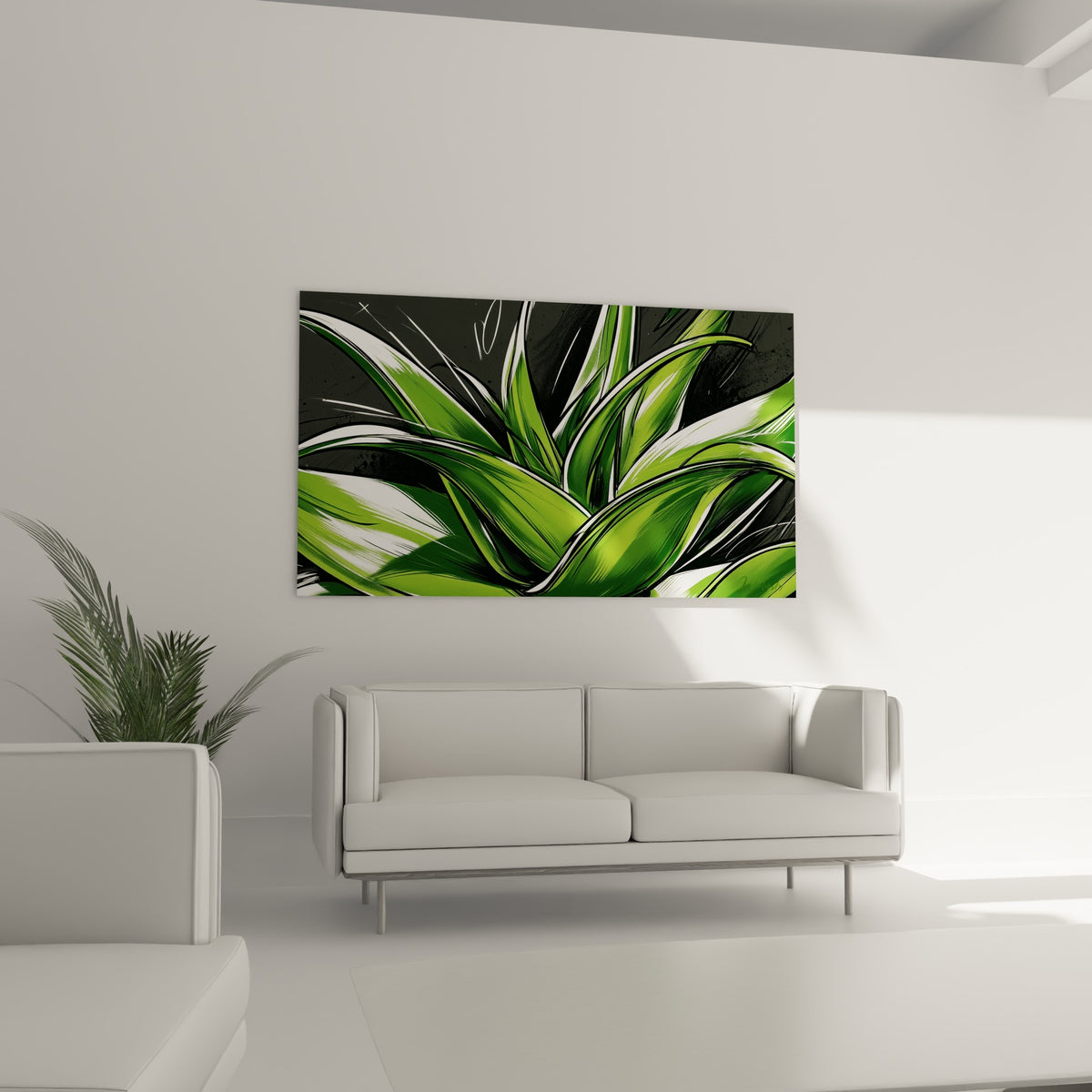Rosette d'Aloe vera aux verts contrastés et fond anthracite, au-dessus d'un canapé dans un salon lumineux