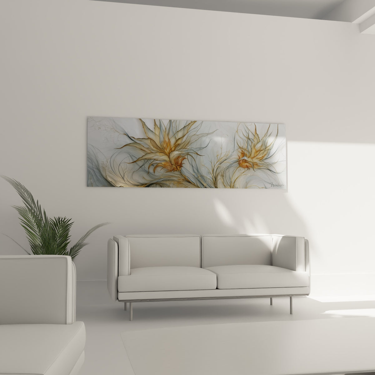 Rosette végétale ocre et grise d'aloe vera, au-dessus d'un canapé dans un salon lumineux