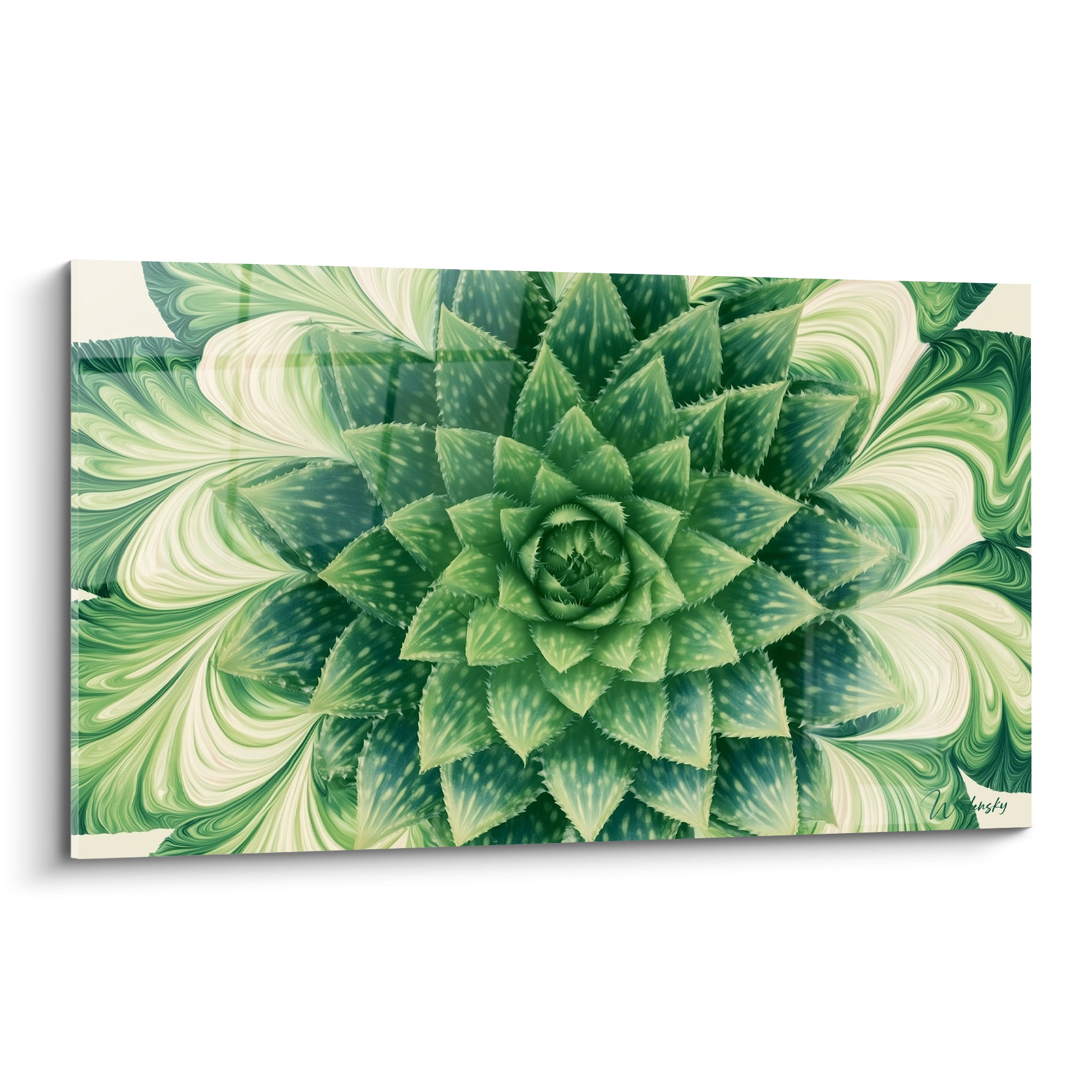 Rosette d'aloe vera vert sauge et blanc ivoire en spirale fractale sur fond marbré fluide