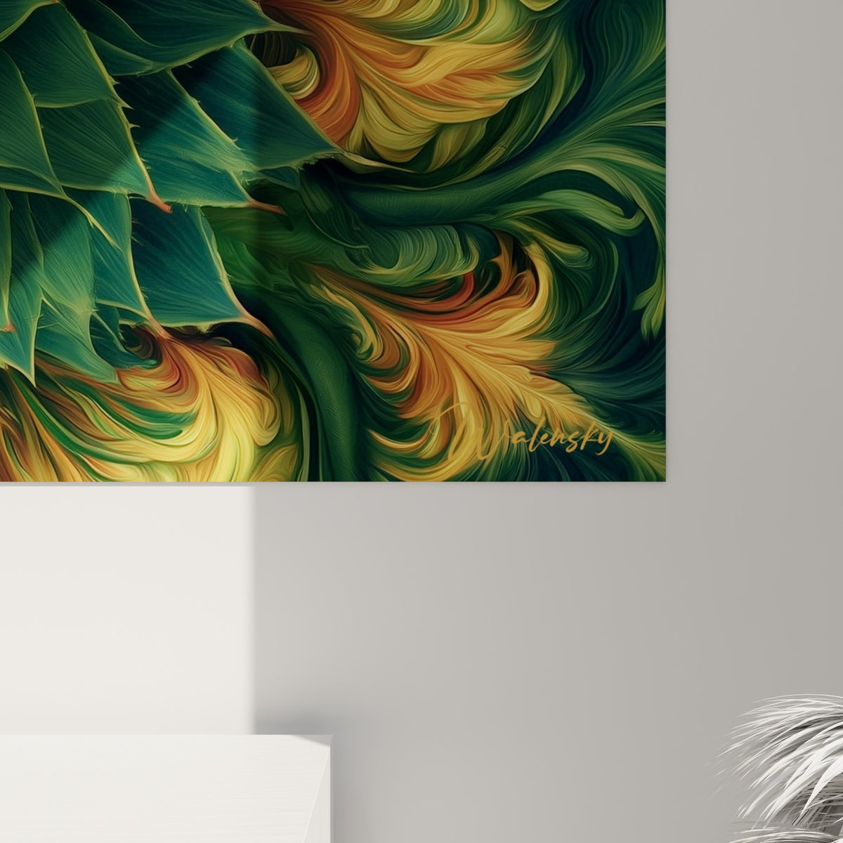Grain de l'impression révélant les nervures vertes et les reflets dorés des feuilles d'aloe vera en spirale