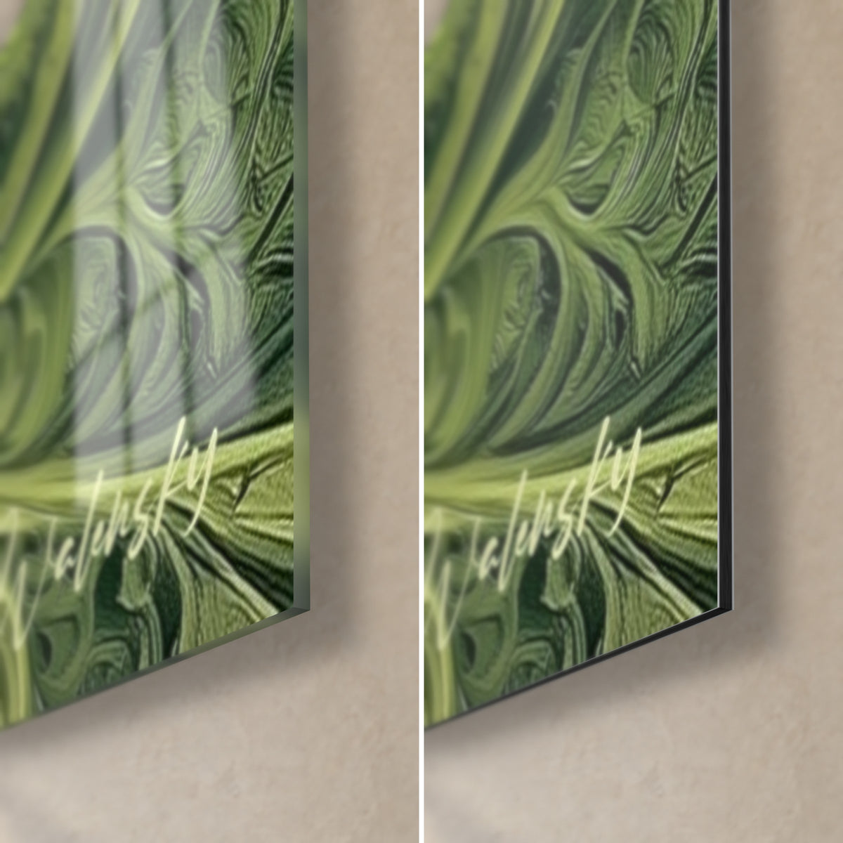 Wall art olive green succulent with golden scrolls, bottom right corner: glossy acrylic glass on the left, matte Dibond on the right