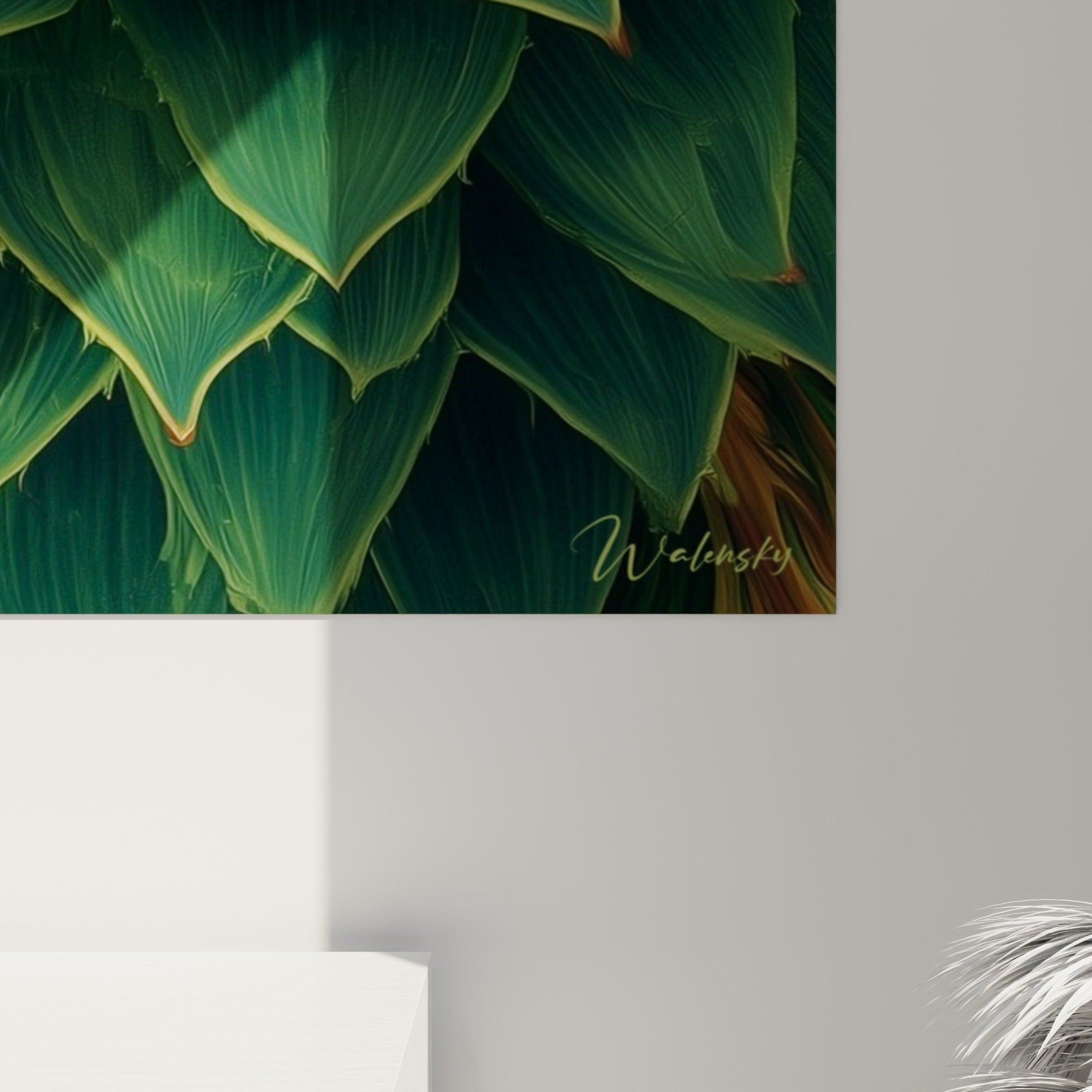 Nervures des feuilles vert bouteille et touches bronzées visibles de près, grain pictural texturé et lumineux.