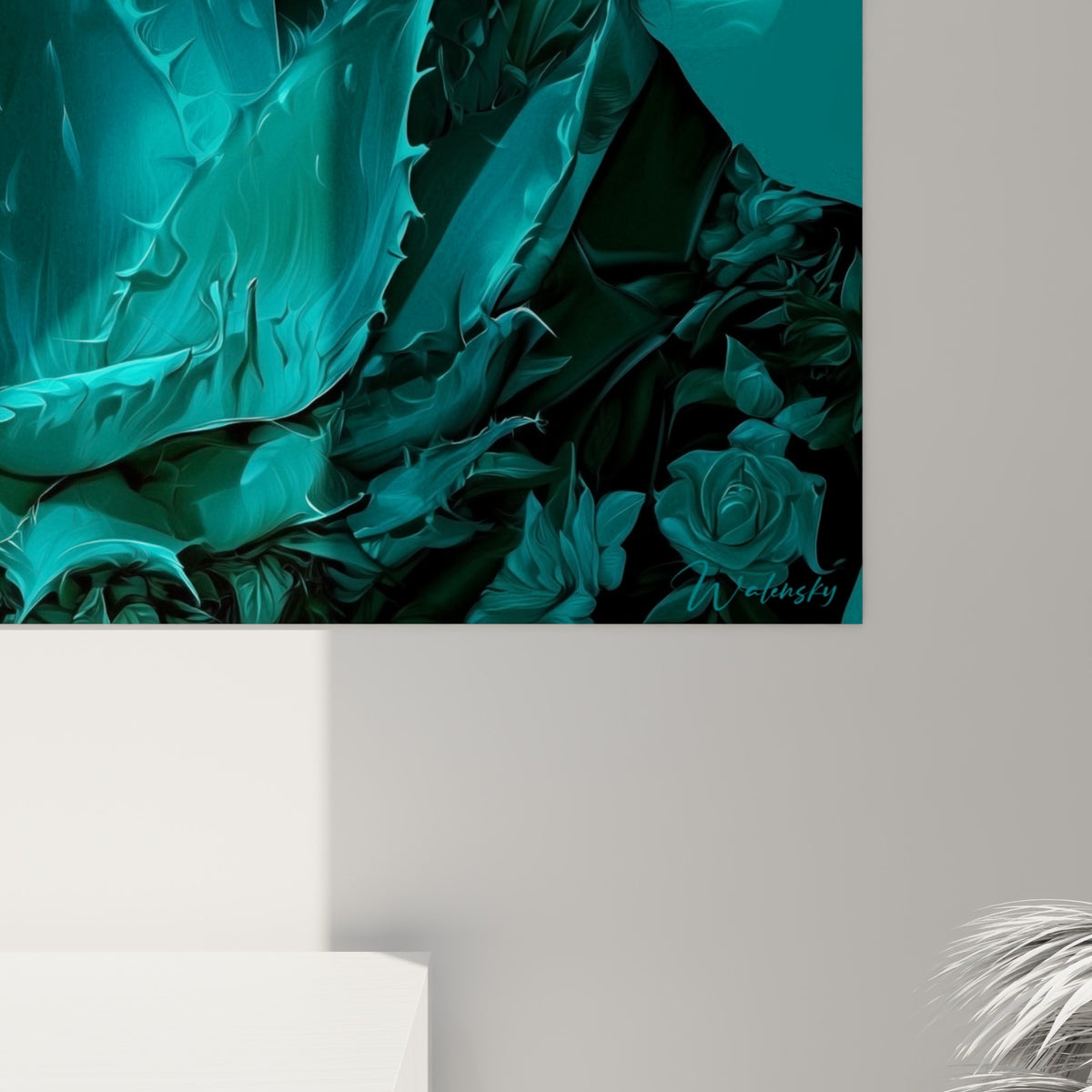 Grain numérique et empâtements bleu glacé révélant la texture des feuilles d'aloe vera et de la fumée