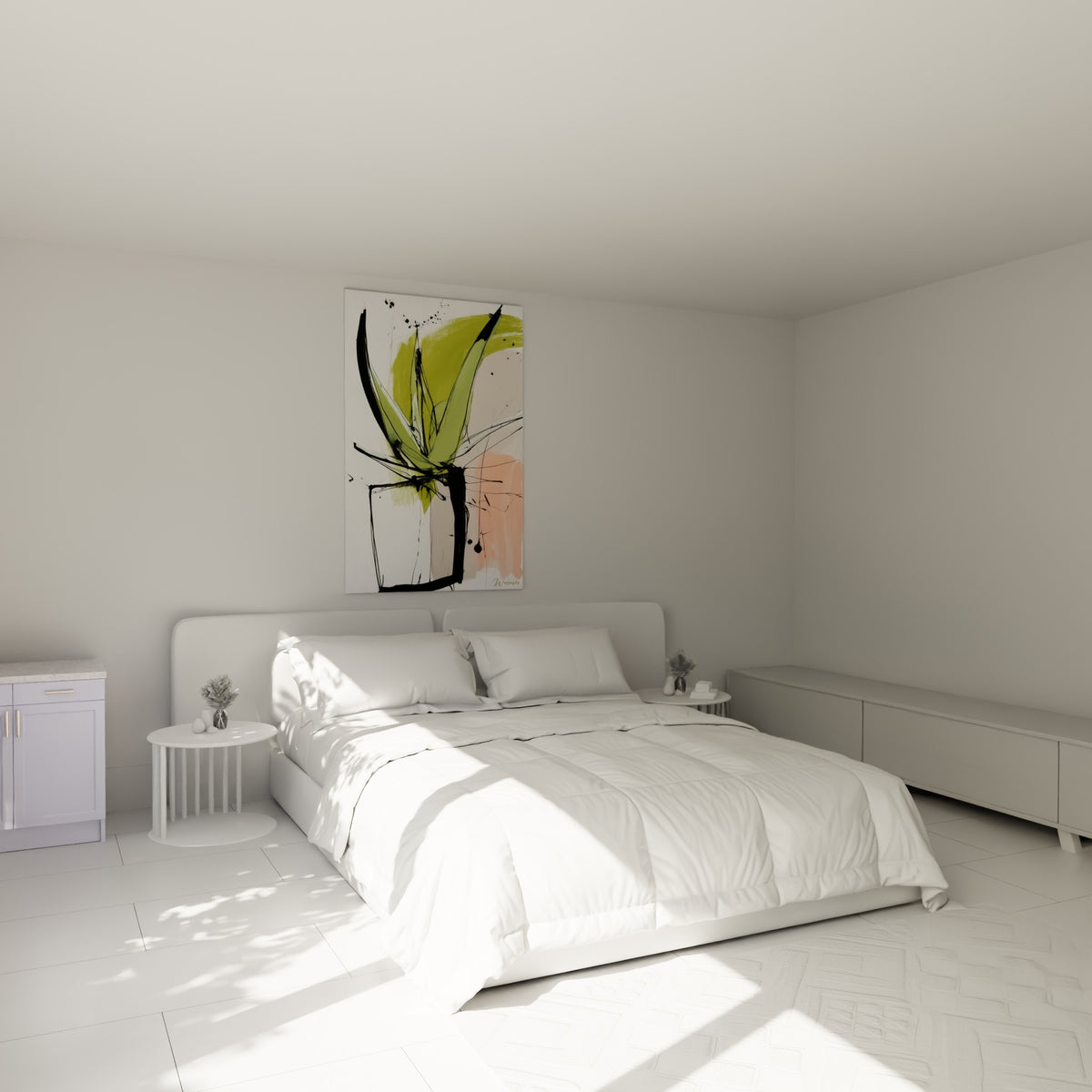 Plante d'aloe vera au trait vif vert et rose, accrochée au-dessus d'un lit dans une chambre claire