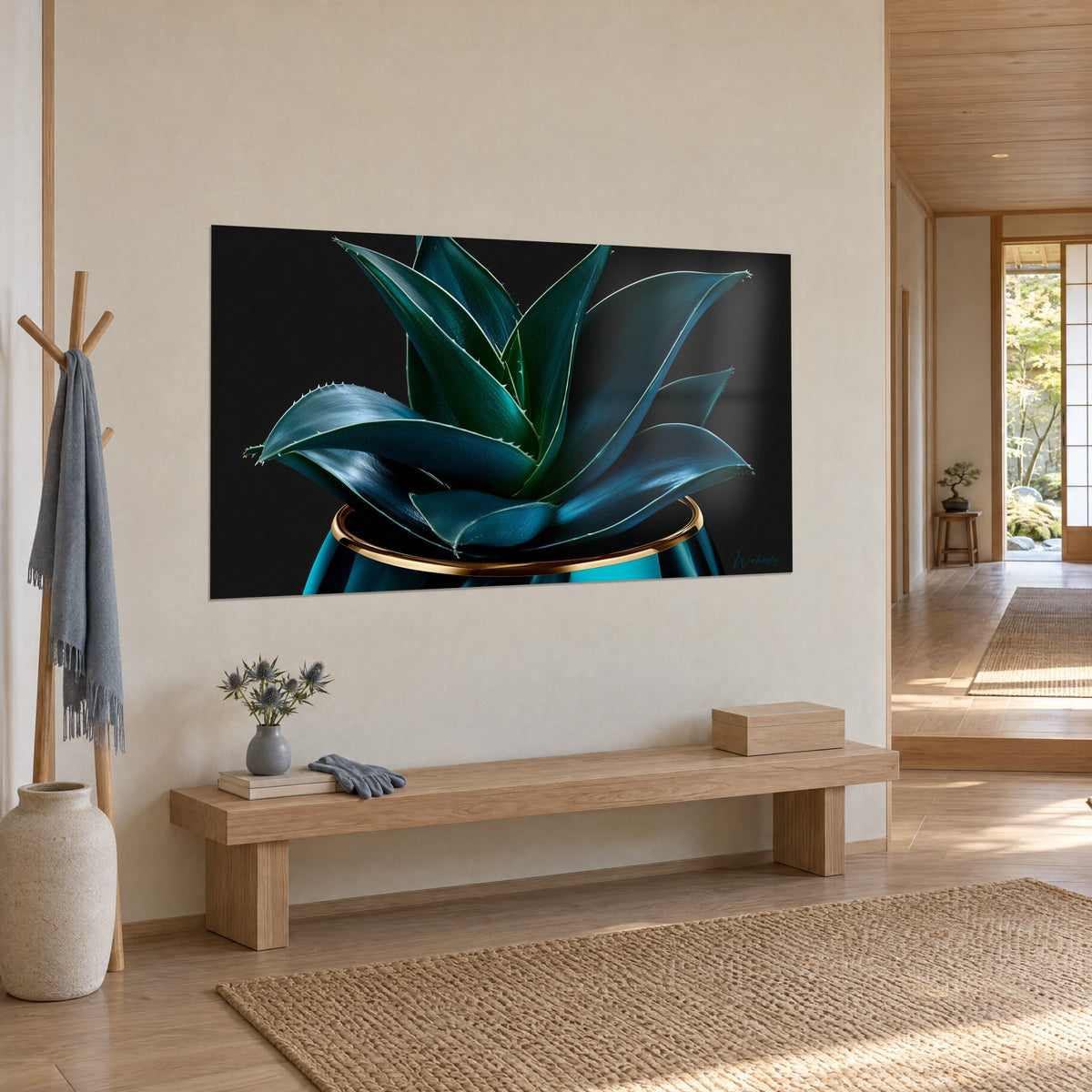 Wall art succulent with emerald and turquoise leaves, gleaming copper pot rim, hung beside a light wood bench
