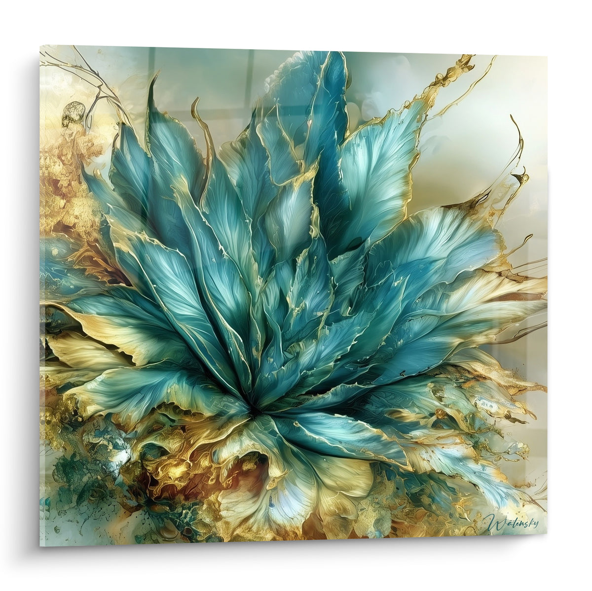Aloe vera turquoise aux veines dorées, feuilles charnues déployées sur fond beige vaporeux