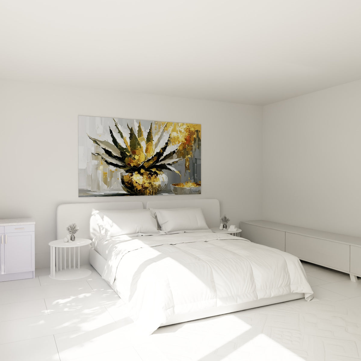 Plante d'aloe vera dorée et grise peinte au couteau, au-dessus d'un lit dans une chambre claire